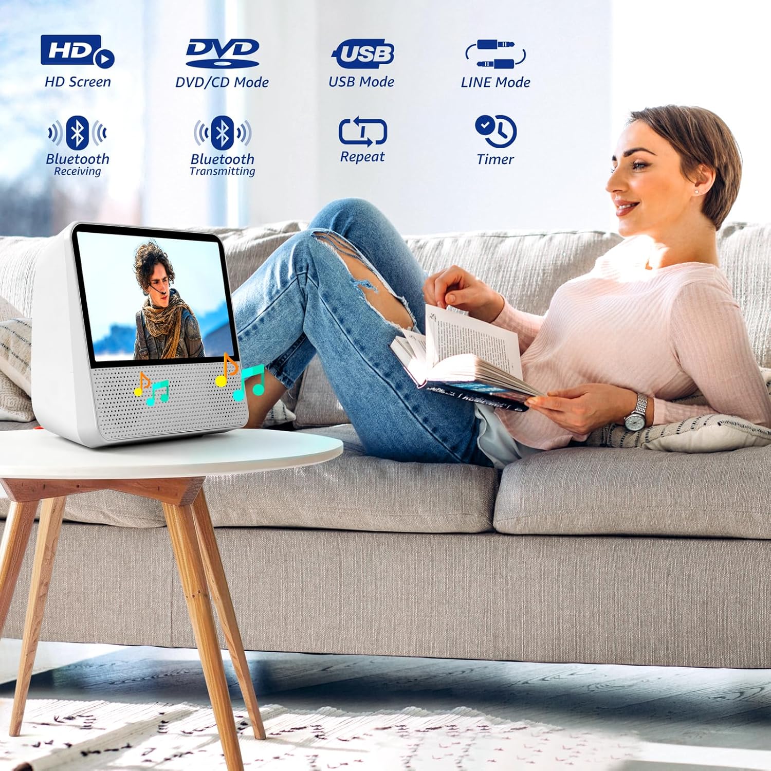 Woman relaxing on a couch using the portable DVD player, with icons illustrating its various modes: HD Screen, DVD/CD, USB, LINE, Bluetooth Receiving, Bluetooth Transmitting, Repeat, and Timer.