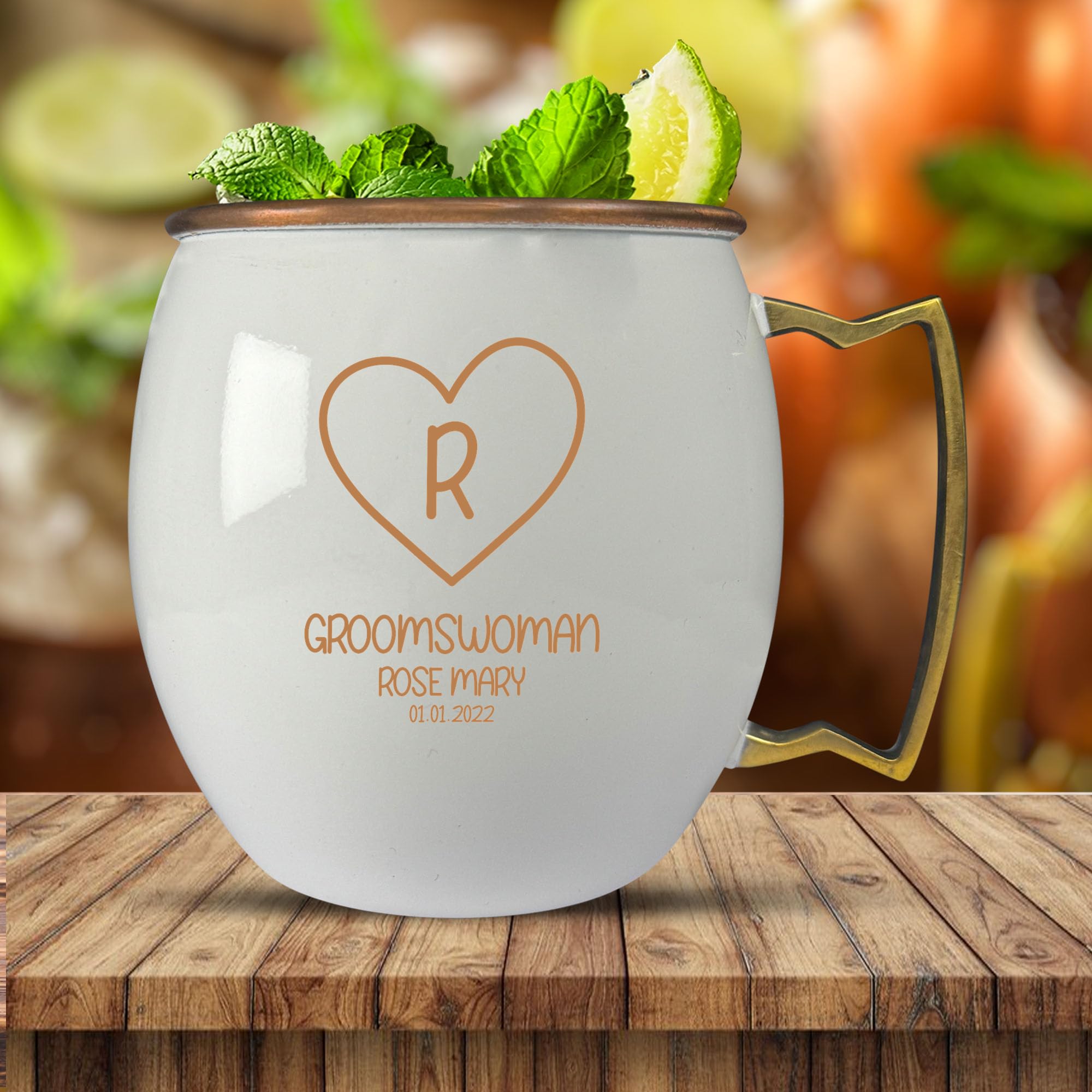 Custom 100% Copper Moscow Mule with Smooth Painted Finish - Engraved Bar Style Cup with Groomswomen Monogram Heart Wedding ThemedTheme Engraving, Brass Handle | 18 oz, White