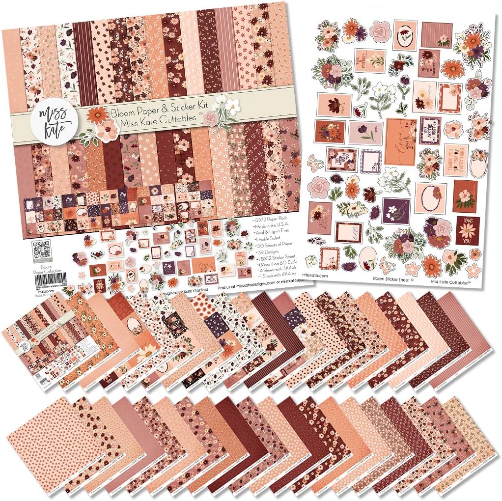 Paper & Sticker Kit - Bloom - 20 Double-Sided 12x12 Papers with 39 Designs & 1 8X12 Sticker Sheet - Scrapbooking Card Making Crafting - by Miss Kate Cuttables