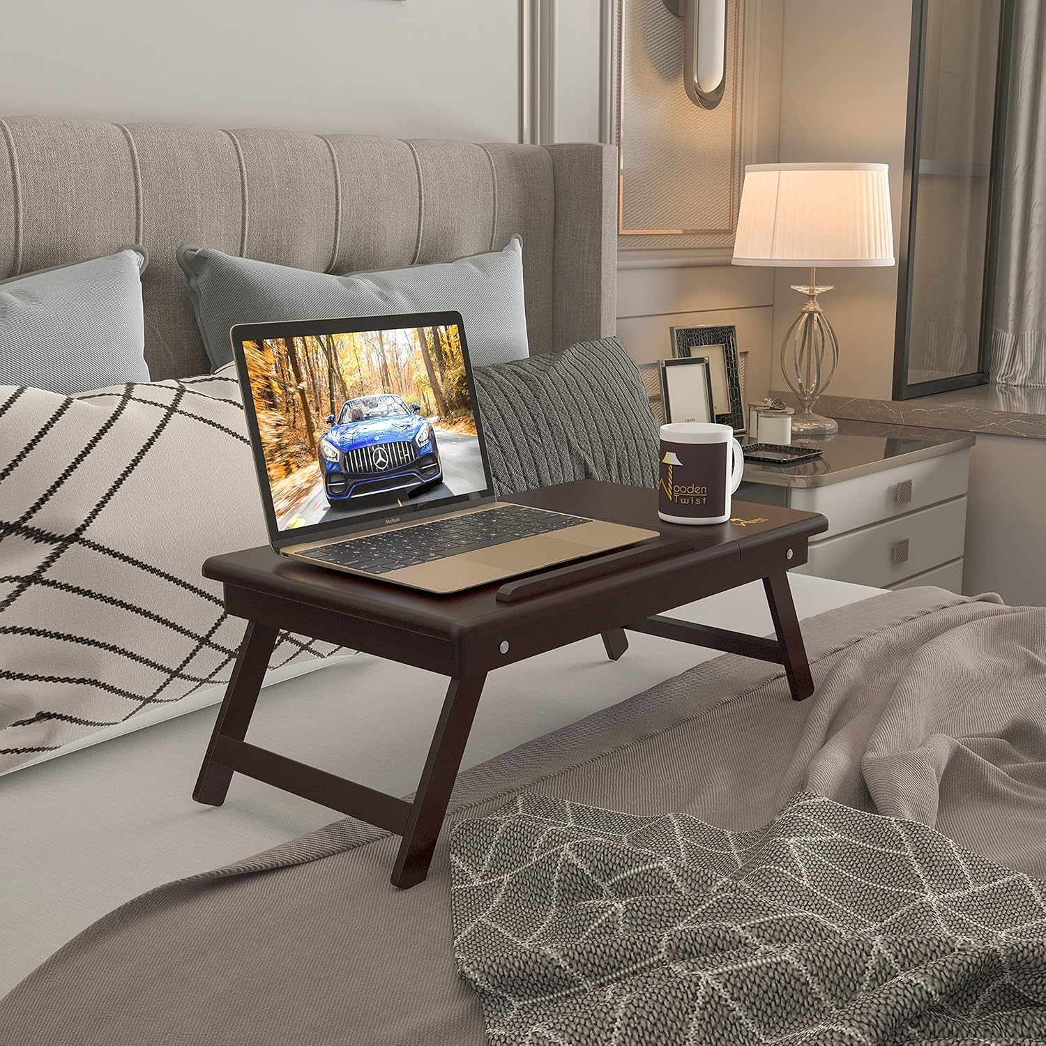 WOOYNEX Wooden Laptop Table Standard Adjustable Study Table with Laptop, Portable Lap Desk, Multifunctional Bed Table with Drawer and Folding Legs (Brown)