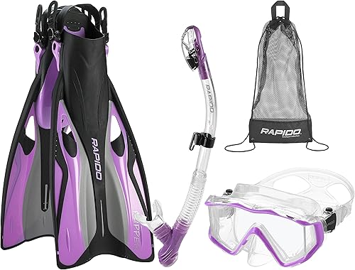 Vista 26 de Phantom Aquatics Rapido Boutique Collection Clareza Three Window Tempered Glass Lens Mask Fin Snorkel Set with Snorkeling Gear Carry Bag