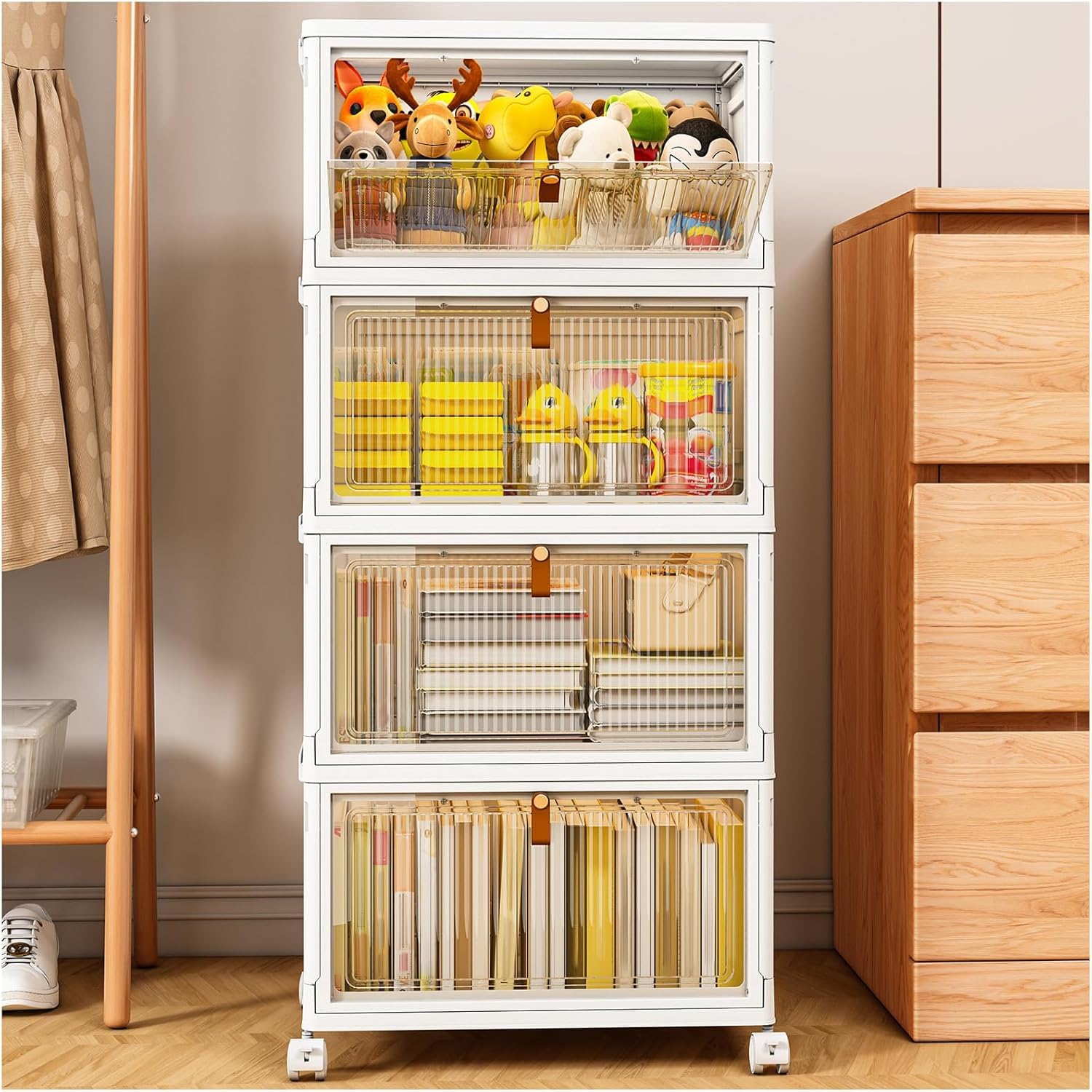 TidyTrove Storage Boxes with Lid, 4-Tier Plastic Stackable Storage Boxes with 1 Lid 28L/Tier, Folding Storage Bins with Wheels, Storage Organizer for Bedroom Living Room Study Office