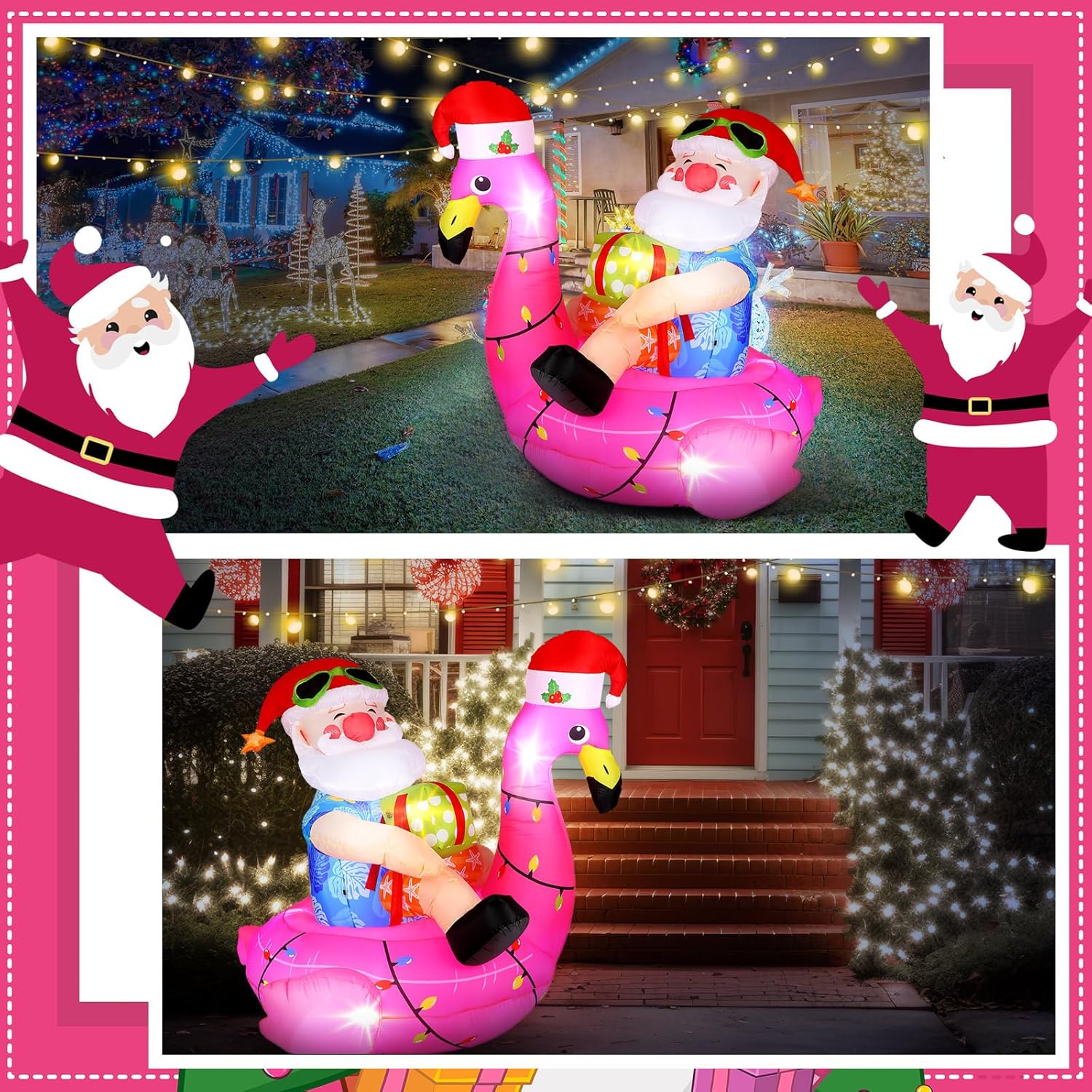 Hawaiian Christmas Santa on Flamingo Inflatable Decoration 5ft Tropical Santa Blow up Beach Christmas Inflatable Outdoor Decor with LED Light Xmas Flamingo Pool Floating for Outside Holiday Garden - Image 4