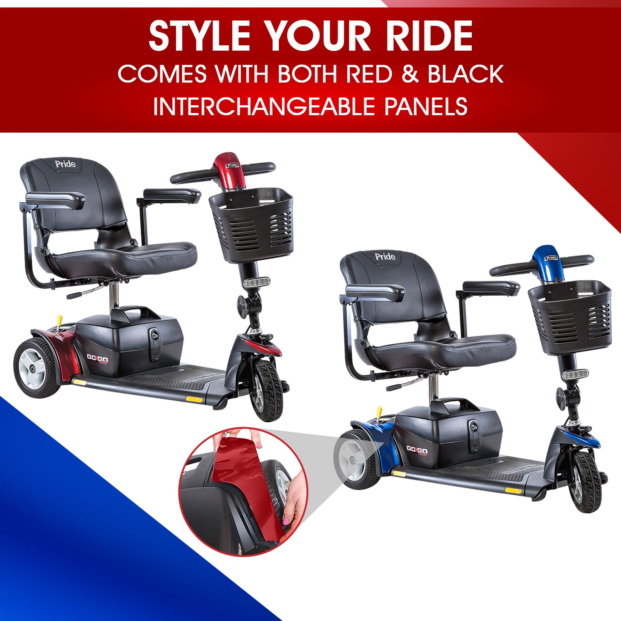 Pride Mobility Go-Go Sport - Patinete deportivo de 3 ruedas con cápsula de almacenamiento, portavasos, Pride Go Go Scooter de movilidad de 3 ruedas para adultos y personas mayores, portátil, batería