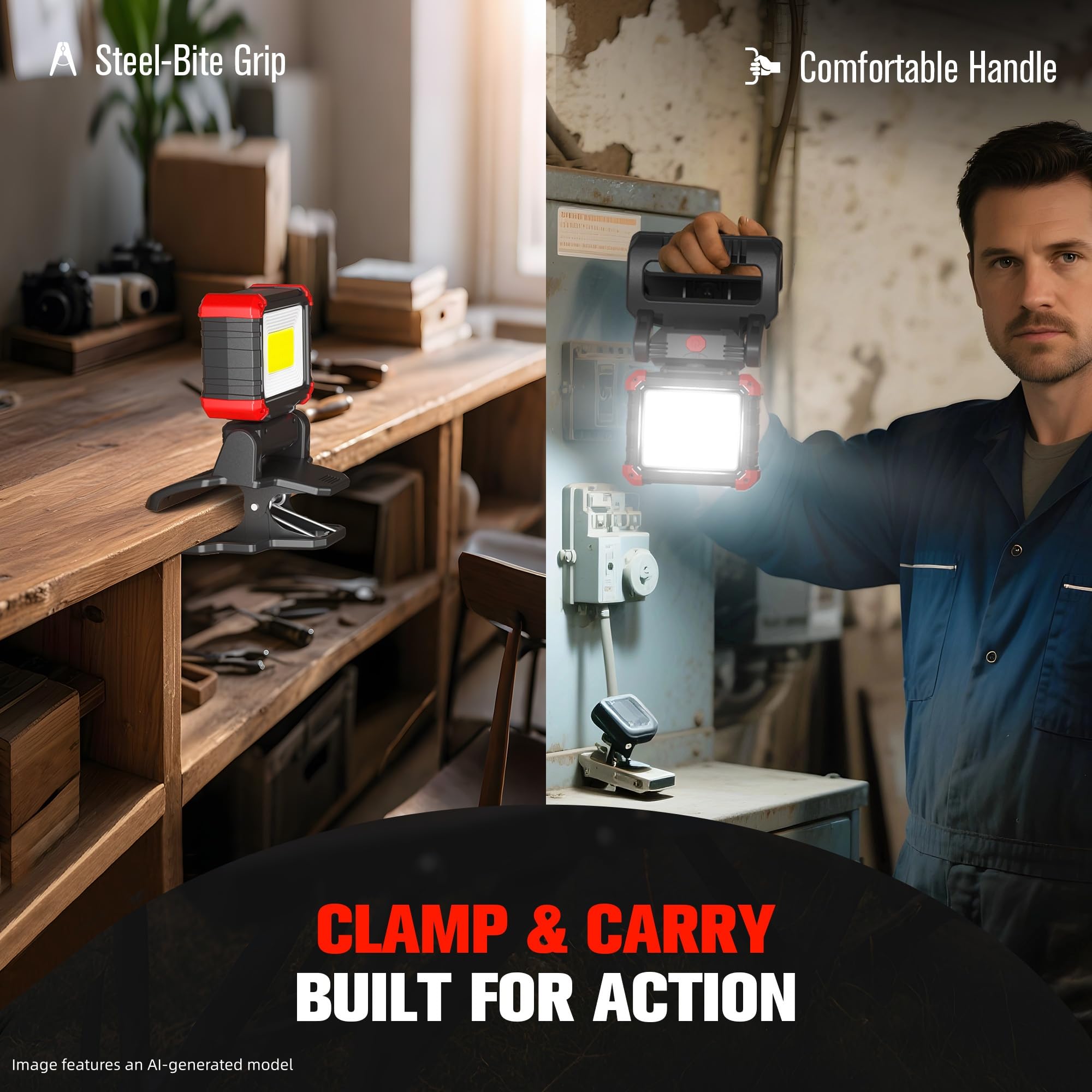 Yls LED-Arbeitsleuchte, 2100 lm, wiederaufladbar, COB, magnetisch, mit 3 Lichtmodi, 270 ° und 180 ° drehbar, tragbare Klemme, Arbeitsleuchte für Baustelle, Autoreparatur, Werkstatt