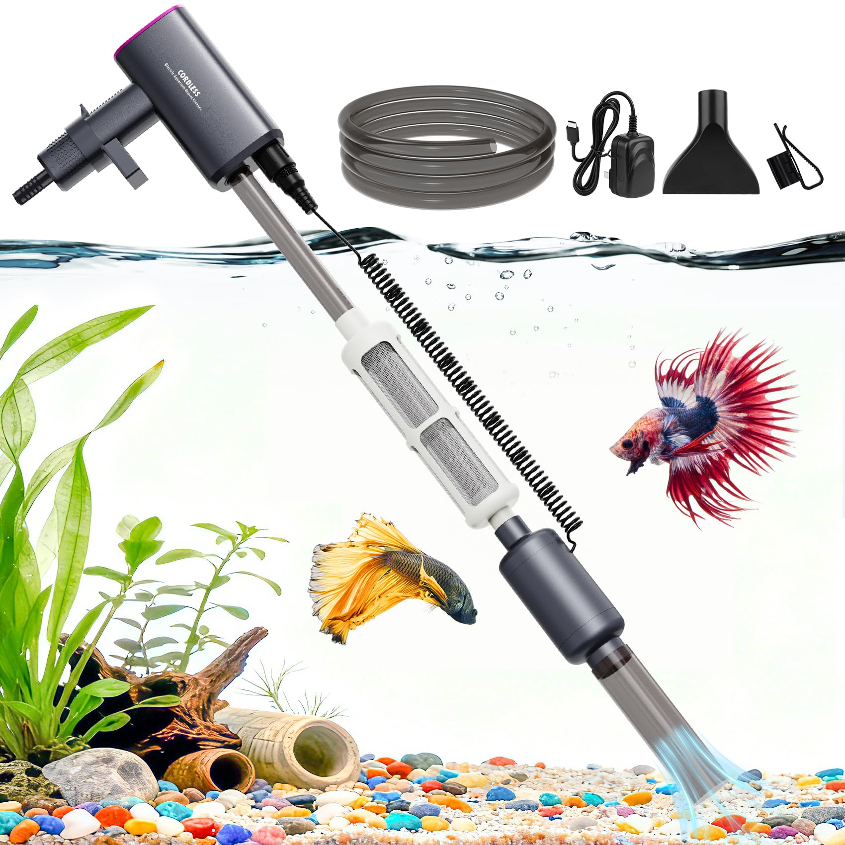 Photo 1 of Cordless Aquarium Vacuum Gravel Cleaner: 36W Electric Rechargeable Fish Tank Cleaner with 4 Adjustable Suction, Anti-Clog for Debris Clean & Sand Washing,Automatic Water Changer for Small/Large Tank