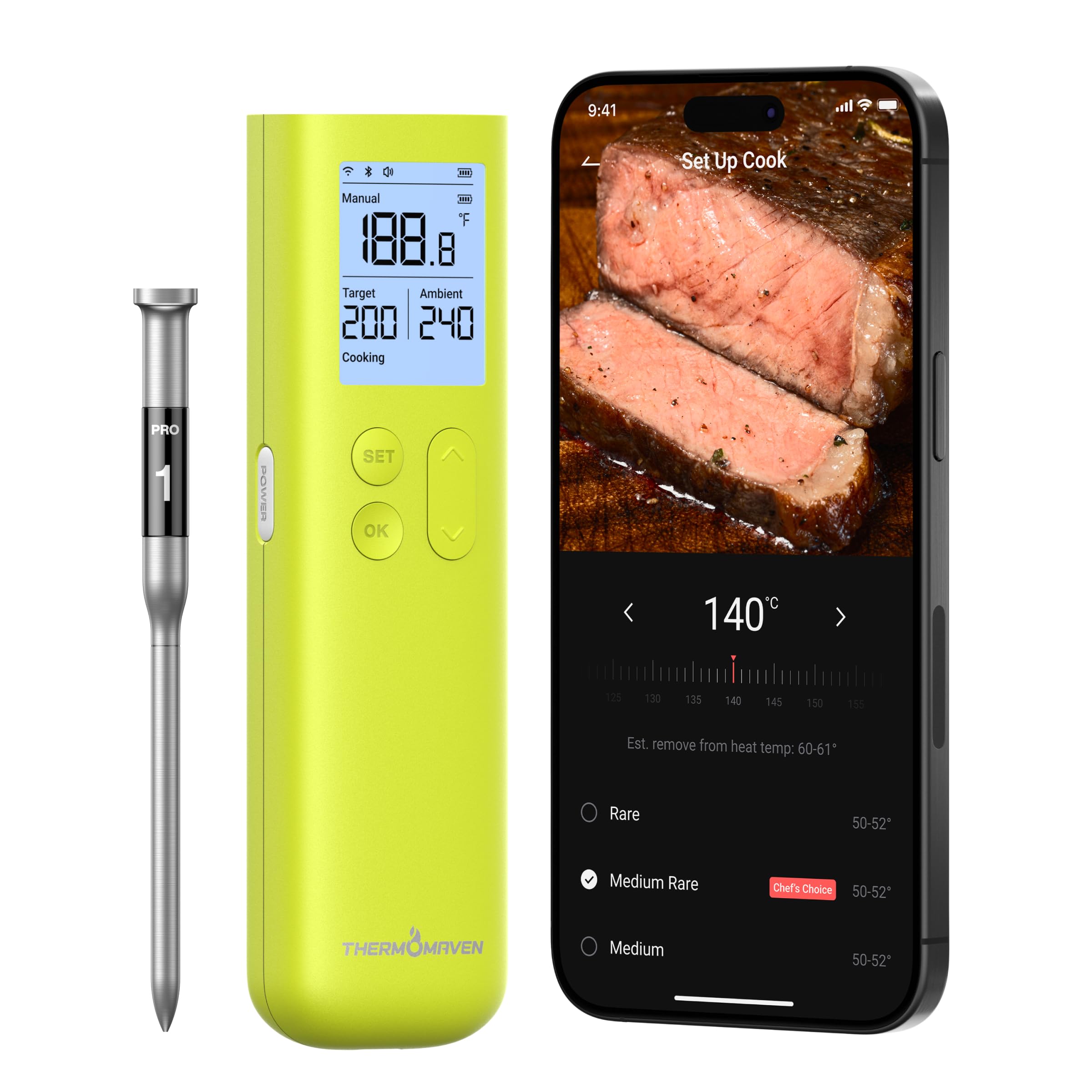 ThermoMaven Smart Bluetooth Termómetro Inalámbrico para Carne Sub-1G Estabilidad de Señal Base, Exactitud Certificada ± 0,3 °C, Alcance Wifi para Barbacoa, Horno, Ahumador, Barbacoa, Verde