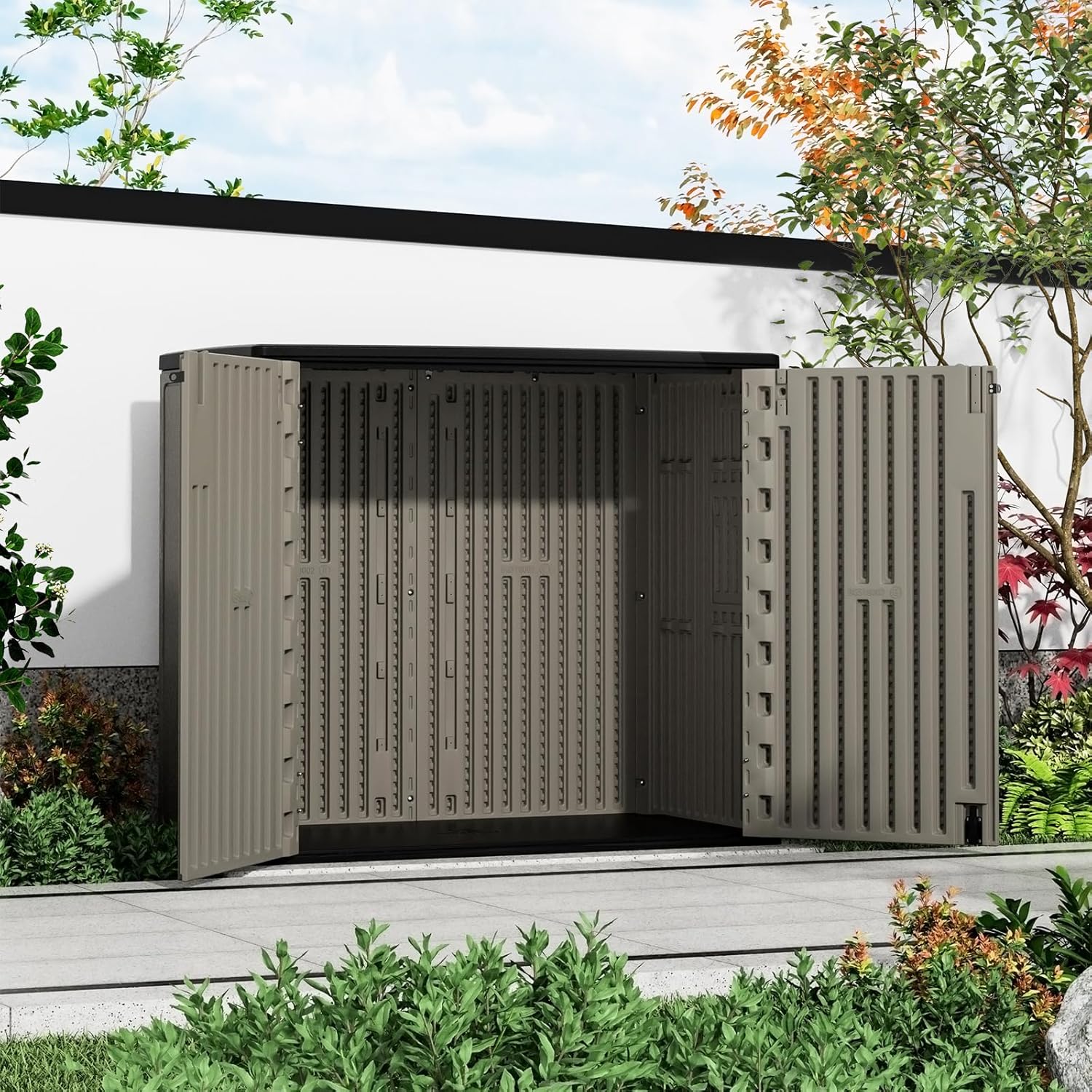 ZZM 37 Cu.ft Outdoor Storage Shed Double-Wall HDPE Storage Cabinet, Waterproof Plastic Sheds with Floor Horizontal Lockable Garden Tools Trash Can, Lawn Mower, Bike Storage, Brown