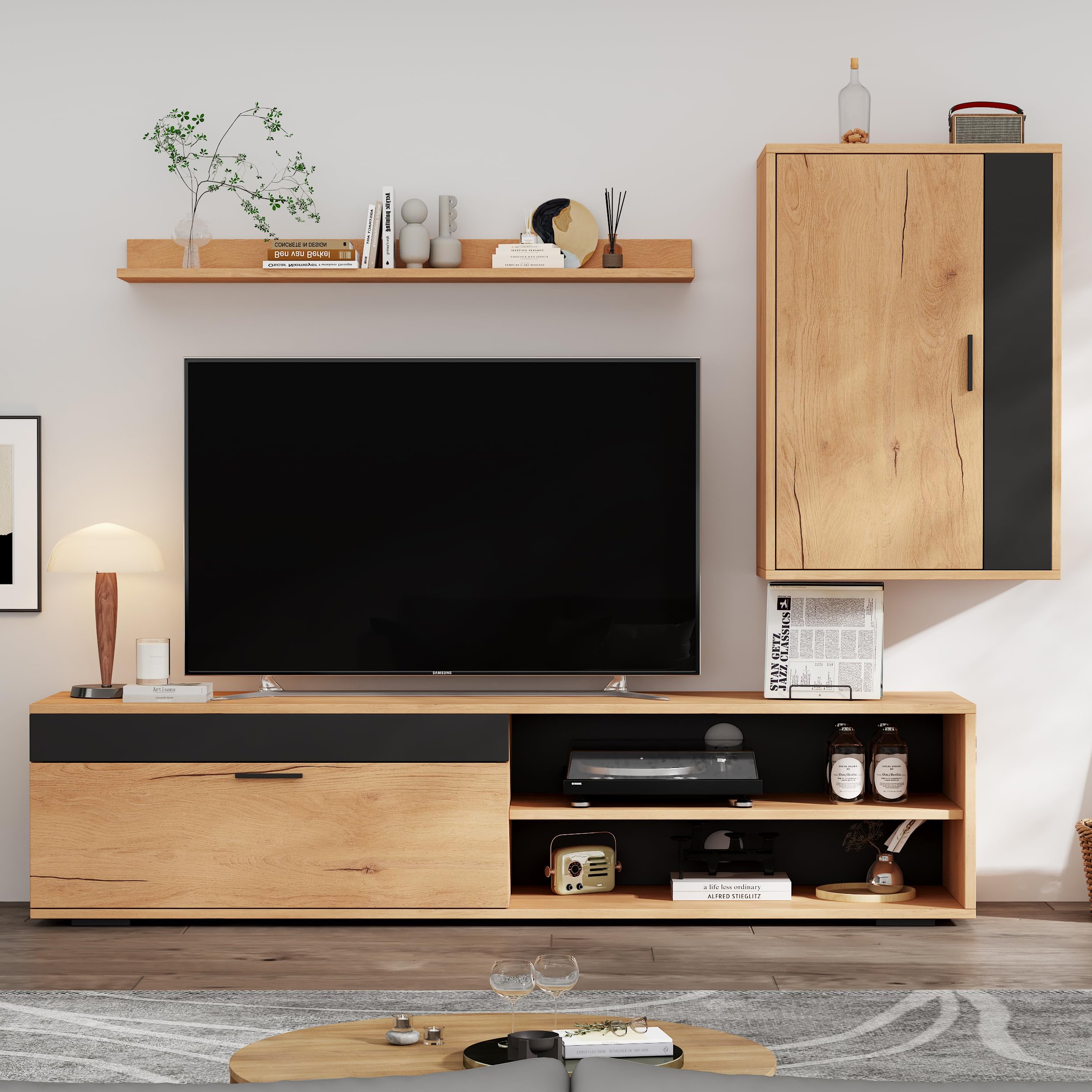 BTM 140 * 35 * 39cm TV Wohnwand-Set (Komplett-Set, 3-St),Mediawand inkl, Standregal und Wandregal,modernes TV-Schrank,stehend und hängend,Holzfarbe + Schwarz
