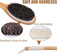 Vista 5 de OWIIZI Cepillo de baño de crin de bambú, curvado, mango largo, antideslizante, cepillo corporal para exfoliación, limpiador de ducha de melena
