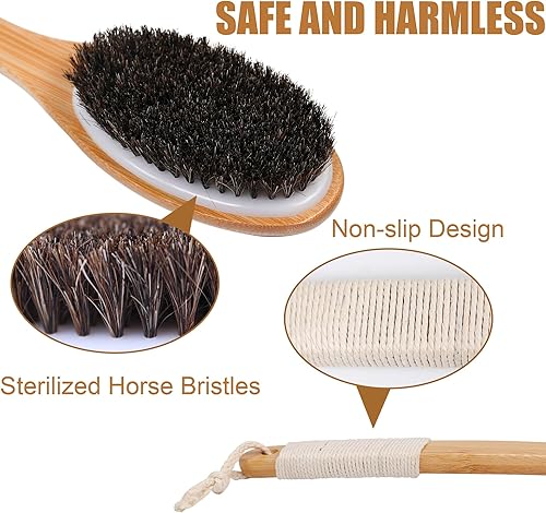 Miniatura 5 de OWIIZI Cepillo de baño de crin de bambú, curvado, mango largo, antideslizante, cepillo corporal para exfoliación, limpiador de ducha de melena