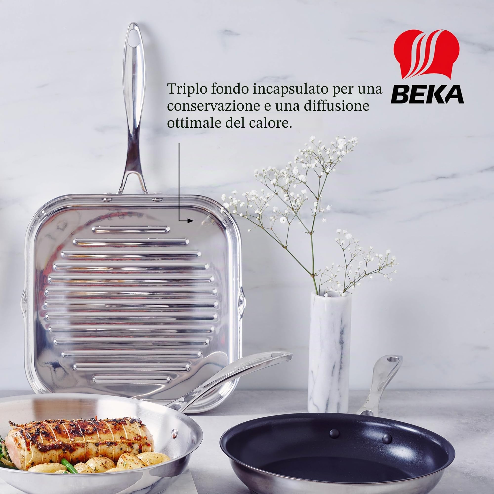 Bekaline 12068294 - Bistecchiera in Acciaio Inossidabile di Alta qualità, Adatta a fornelli a fuochi e a induzione, Dimensioni: 26,5 x 26,5 cm