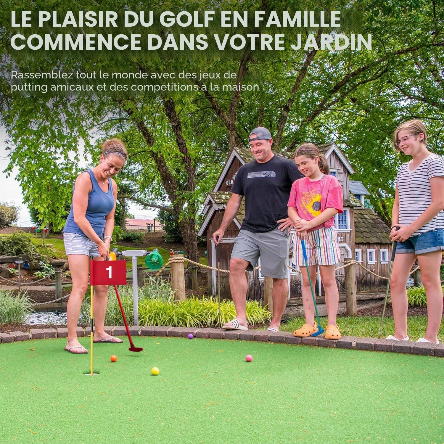 Mini terrain de golf pour jeu de putter de plage, 2 putters de golf réglables, 2 drapeaux de golf et des gobelets de putting, 2 balles de golf, 1 pelleteuse et un sac de voyage