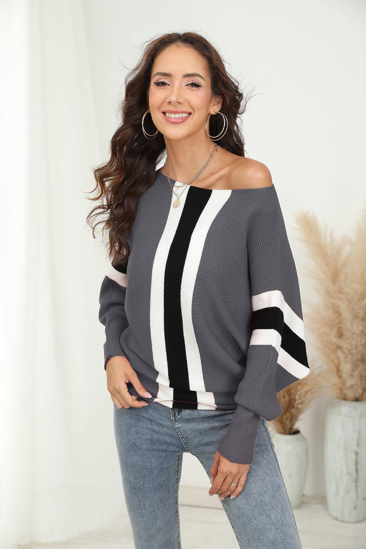 FULIER - Maglione Dolman da donna, con maniche a pipistrello e scollo a barchetta, lavorato a maglia, vestibilità ampia, taglia unica