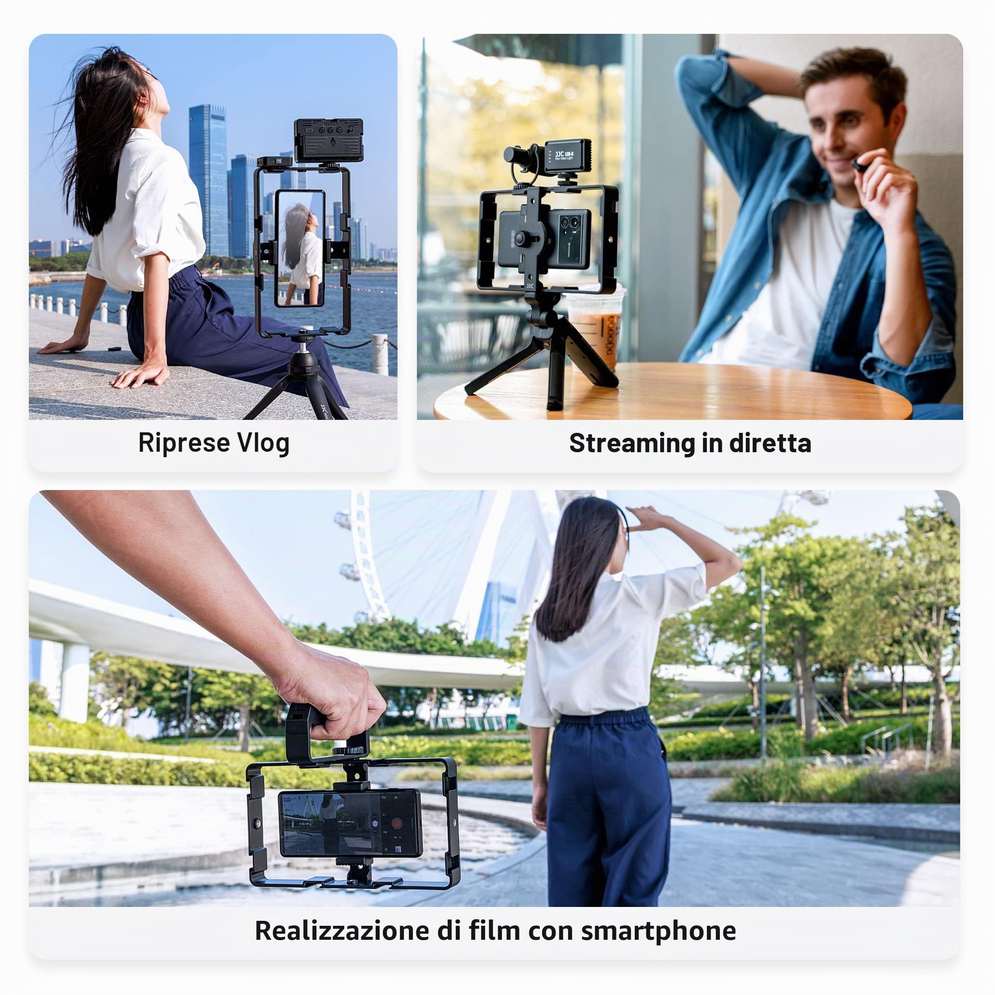 [Multiuso] JJC - Supporto video universale per smartphone + kit di controllo remoto Bluetooth per iPhone 17 16 15 14 13 12 11 Pro Max Huawei Samsung Mobile Phone Video Stabilizzatore portatile riprese
