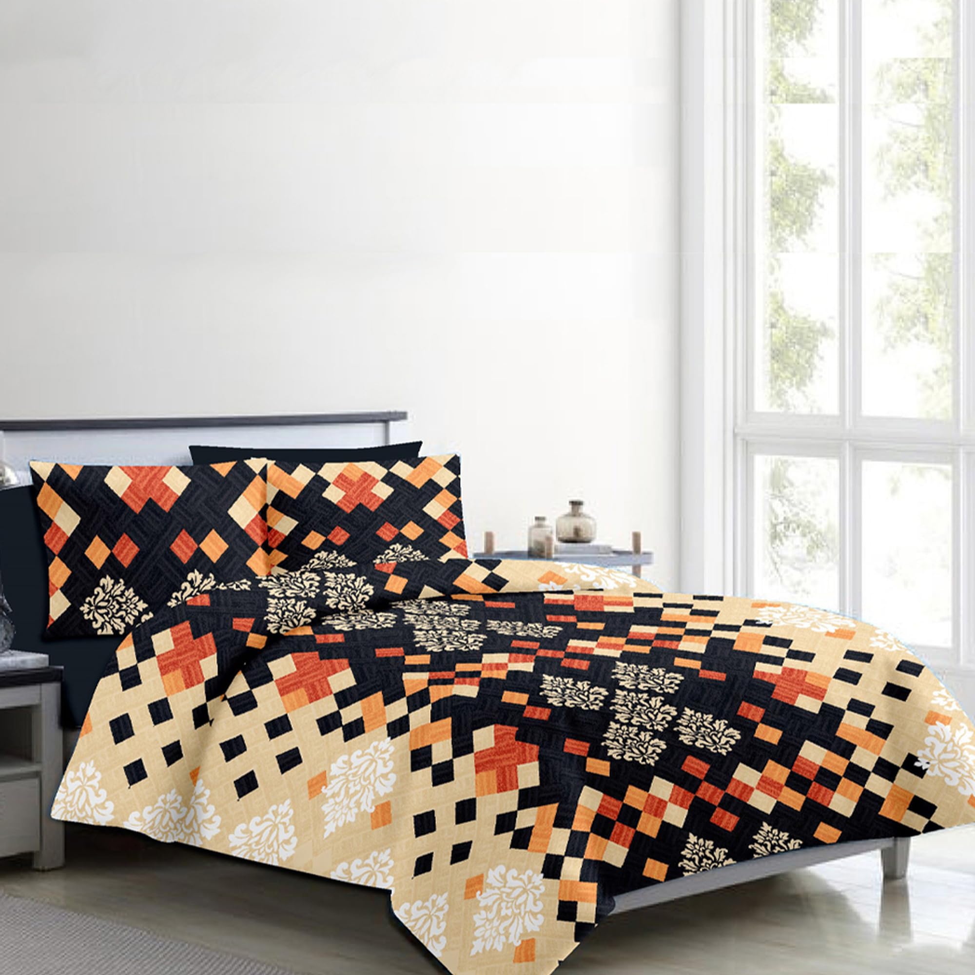 KAUTAGE Love In Living King Size Cotton Bedsheet with Two Pillow Covers, 186 TC, Shrink Resistant and Fadeproof, Attractive Geometric Print Design, Black Colour, (108x100 Inches) (B0976WFFHD) Amazon Price History, Amazon Price Tracker