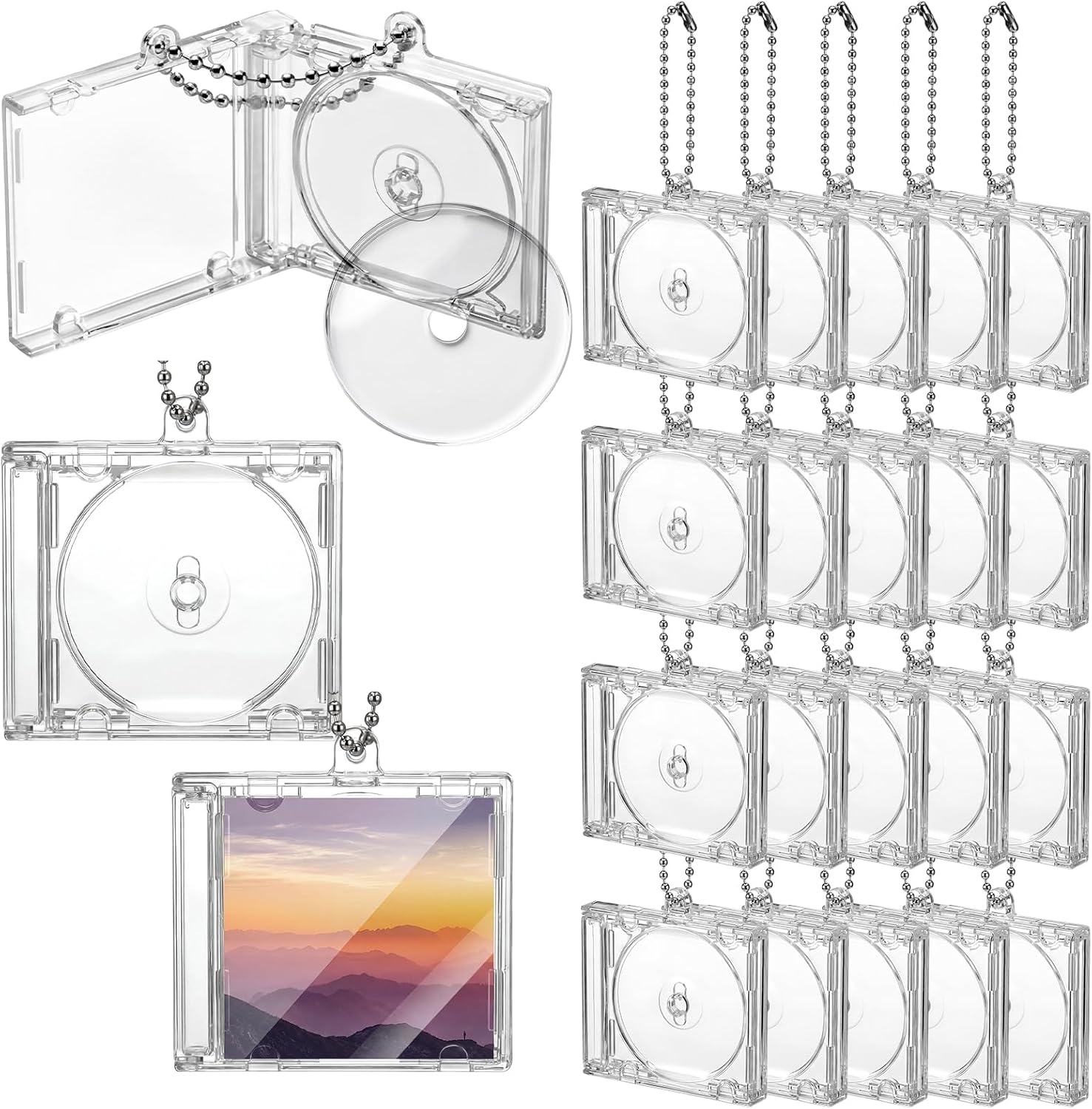 Misdary 20 Pcs Mini Cd Keychain Album Cases Plastic Cd Cases Clear DVD Cover Bulk Music Compact Disc Holder Pendant Personalized for DIY Backpack Hanging Decor Gifts, Cds Included (Chain)