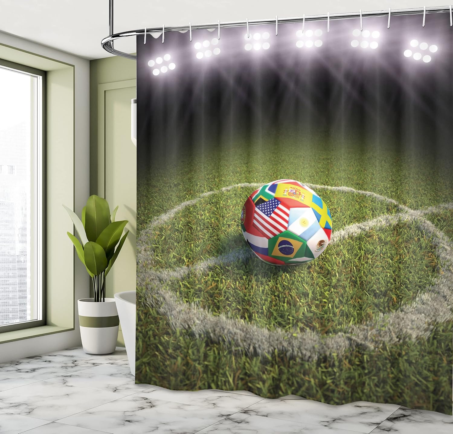 Ambesonne Sports Shower Curtain, Soccer Ball on a Field withed Flags of The Participating Countries Competition of The Game Art, Cloth Fabric Bathroom Decor Set with Hooks, 69" W x 70" L, White Red