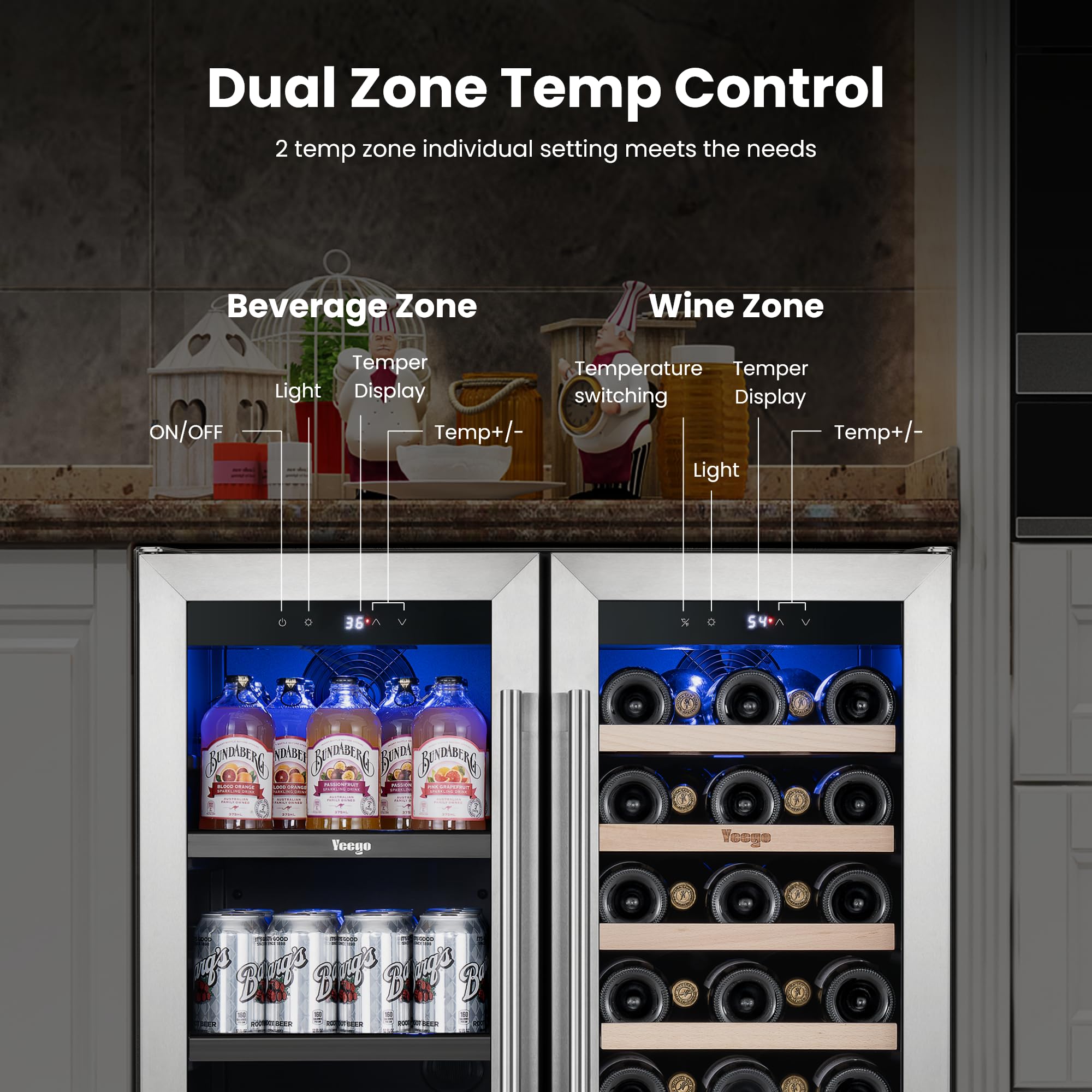 YEEGO Wine And Beverage Refrigerator, 30 Inch Dual Zone Wine Fridge With Glass Door, 36-72℉ Beer Cooler Holds 33 Bottles And 80 Cans, Built-In Or Freestanding Beverage Cooler For Home Bar Office on Fridge.com - View 5