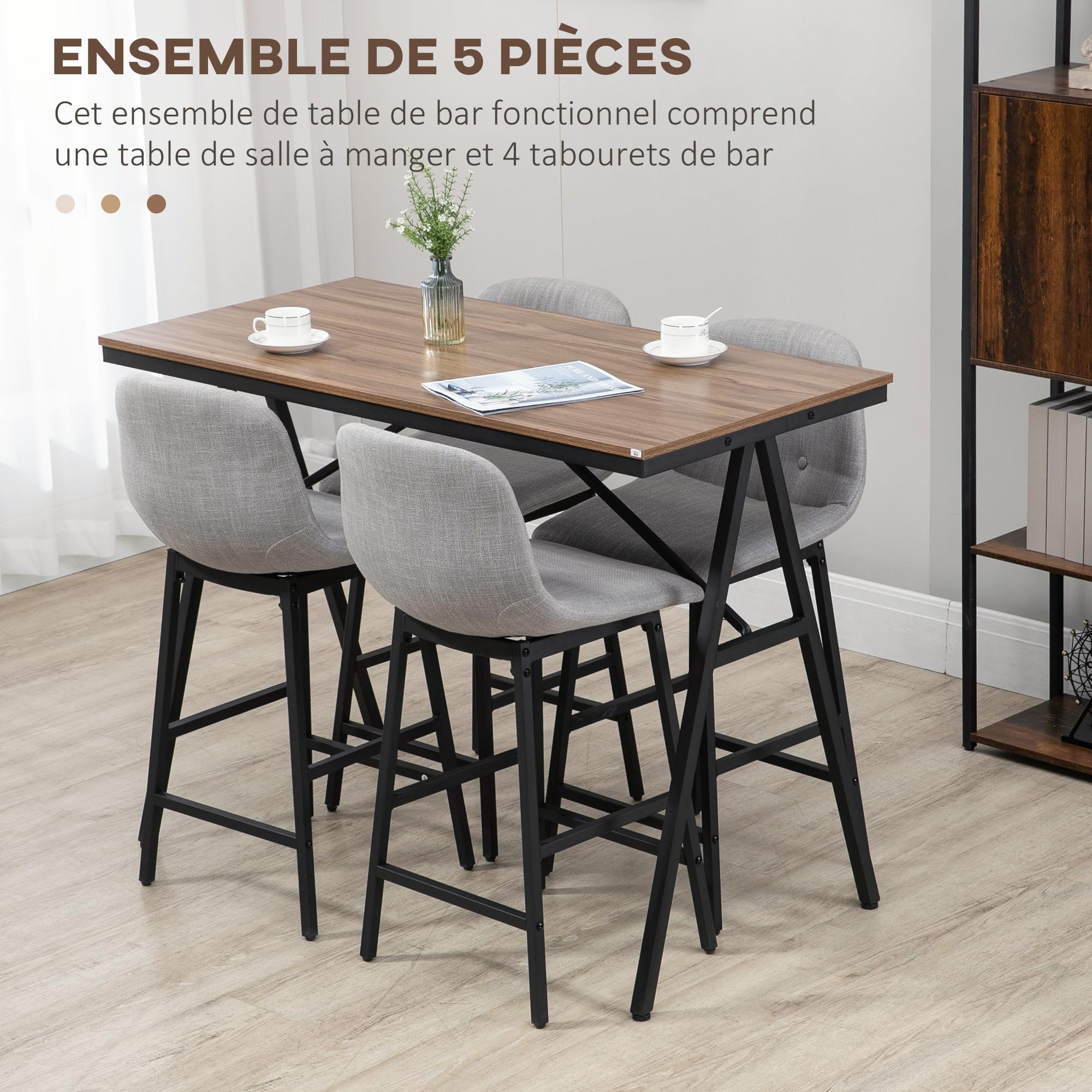 HOMCOM Ensemble Table de Bar avec 4 Tabourets, Table à Manger Debout avec 4 Chaises Rembourrées, Pieds en Acier, Style Industriel, Table Haute Bar pour Salle à Manger, Cuisine, Gris Clair