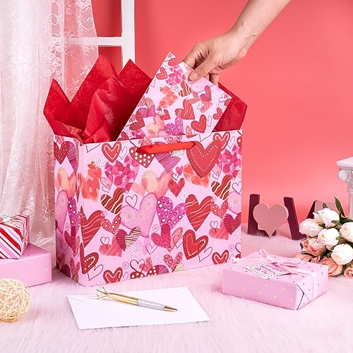 Miniatura 7 de WRAPAHOLIC Bolsa de regalo grande de San Valentín de 13 pulgadas con tarjeta y papel de seda, corazón dulce con lámina dorada
