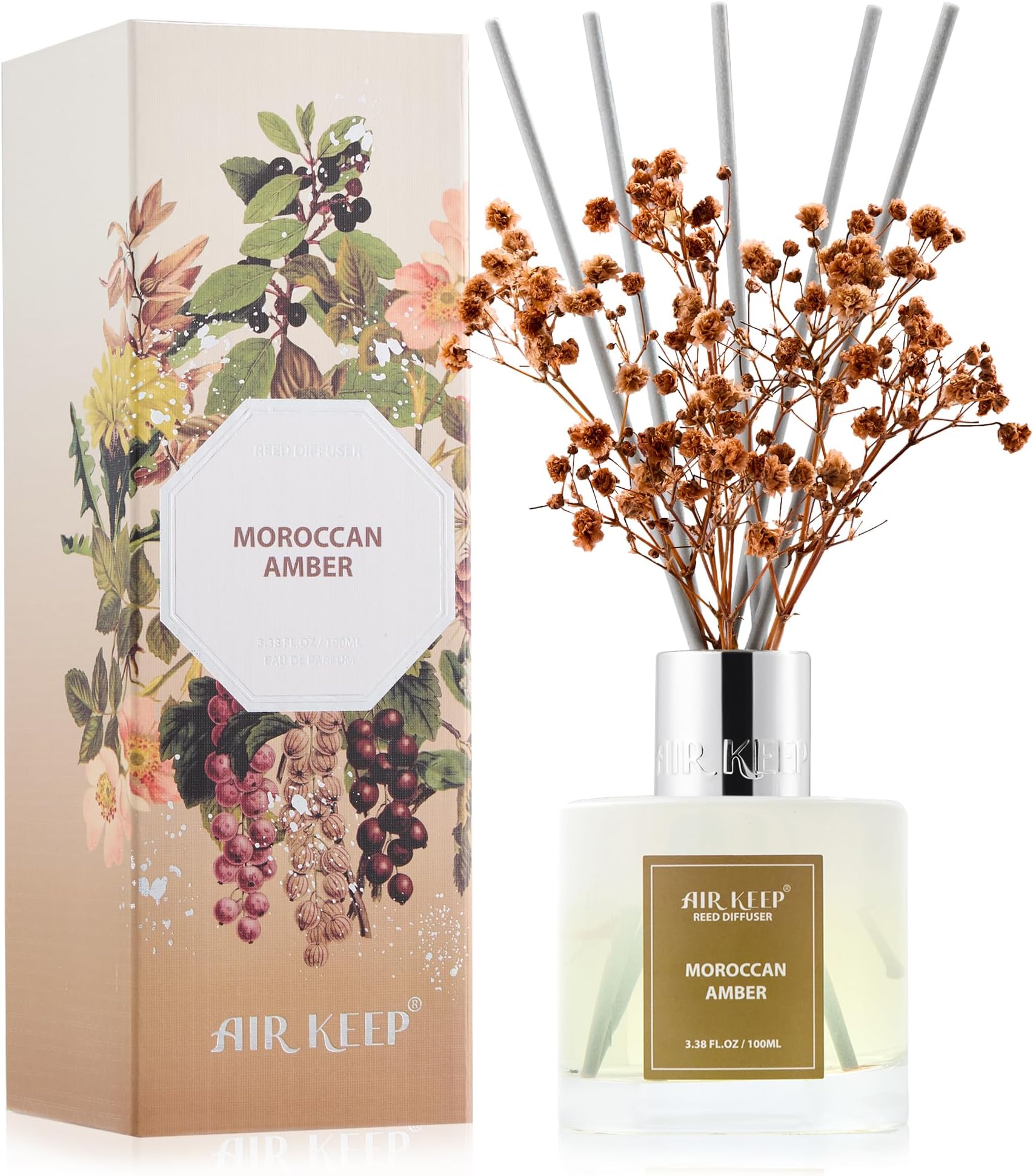 Airkeep Reed Diffuser Set, 100ml, Moroccan Amber Oil Diffusers with 8 Reed Sticks, Home Fragrance Diffuser for Bathroom Shelf Decor