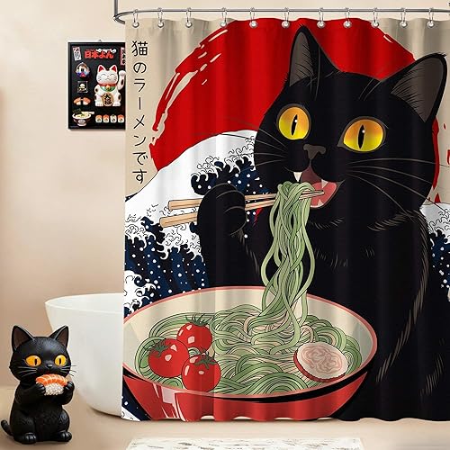 Cortina de ducha japonesa divertida con diseño de gato negro con ondas asiáticas para decoración de baño, tela impermeable con ganchos, 70 x 72