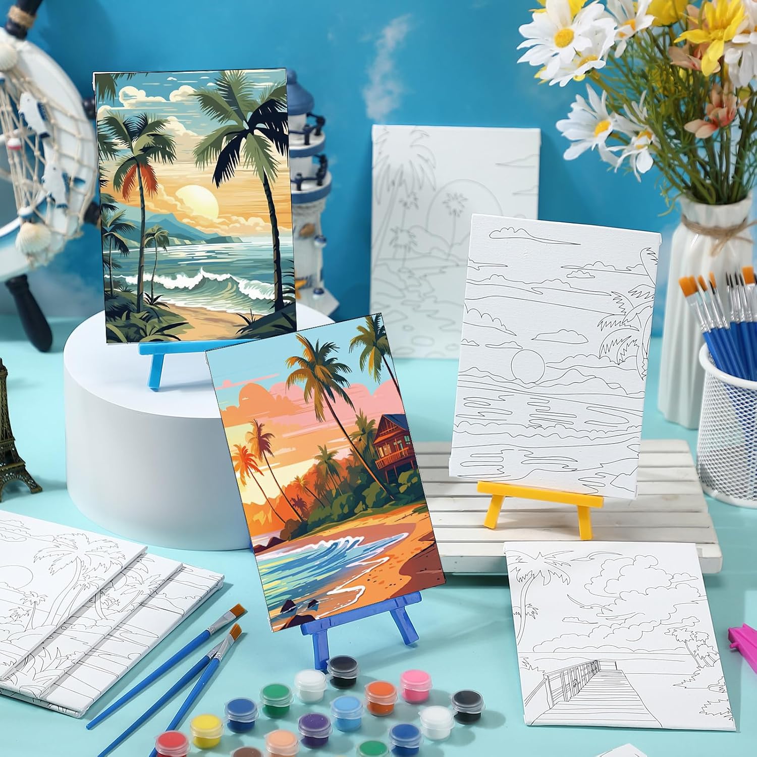 Blosssound 10 Set Pre Printed Canvas Pre Drawn Canvas Painting with Easel Kits 5" x 7" Outline Painting Panels for Beginners, DIY Craft Project, Party Favor, Home Decors(Hawaii)
