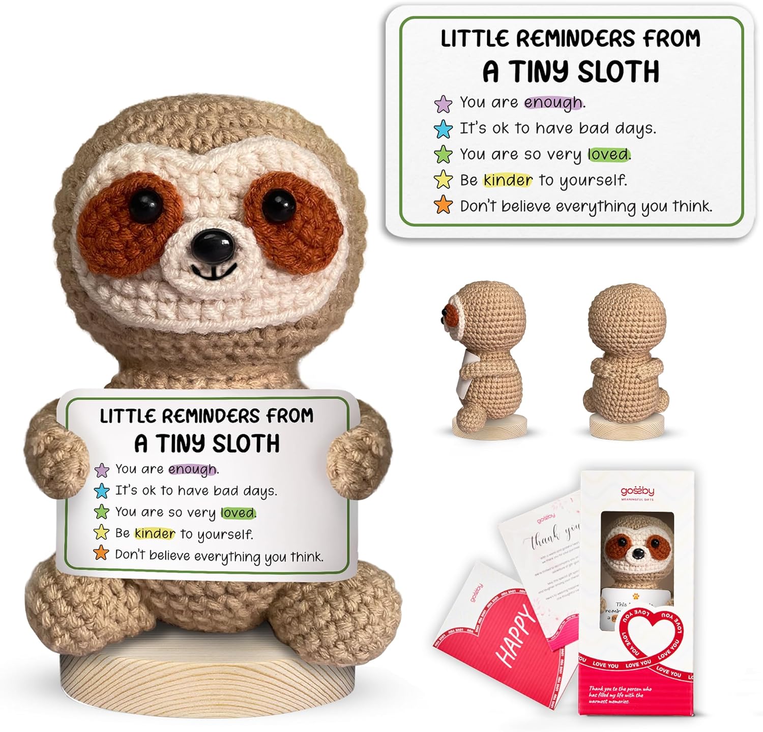Gossby Positive Sloth Crochet - Little Reminders from A Tiny Sloth - Inspirational Gift Women - Emotional Support, Birthday, Encouragement, Thinking of You, Friend, Coworker, Boss