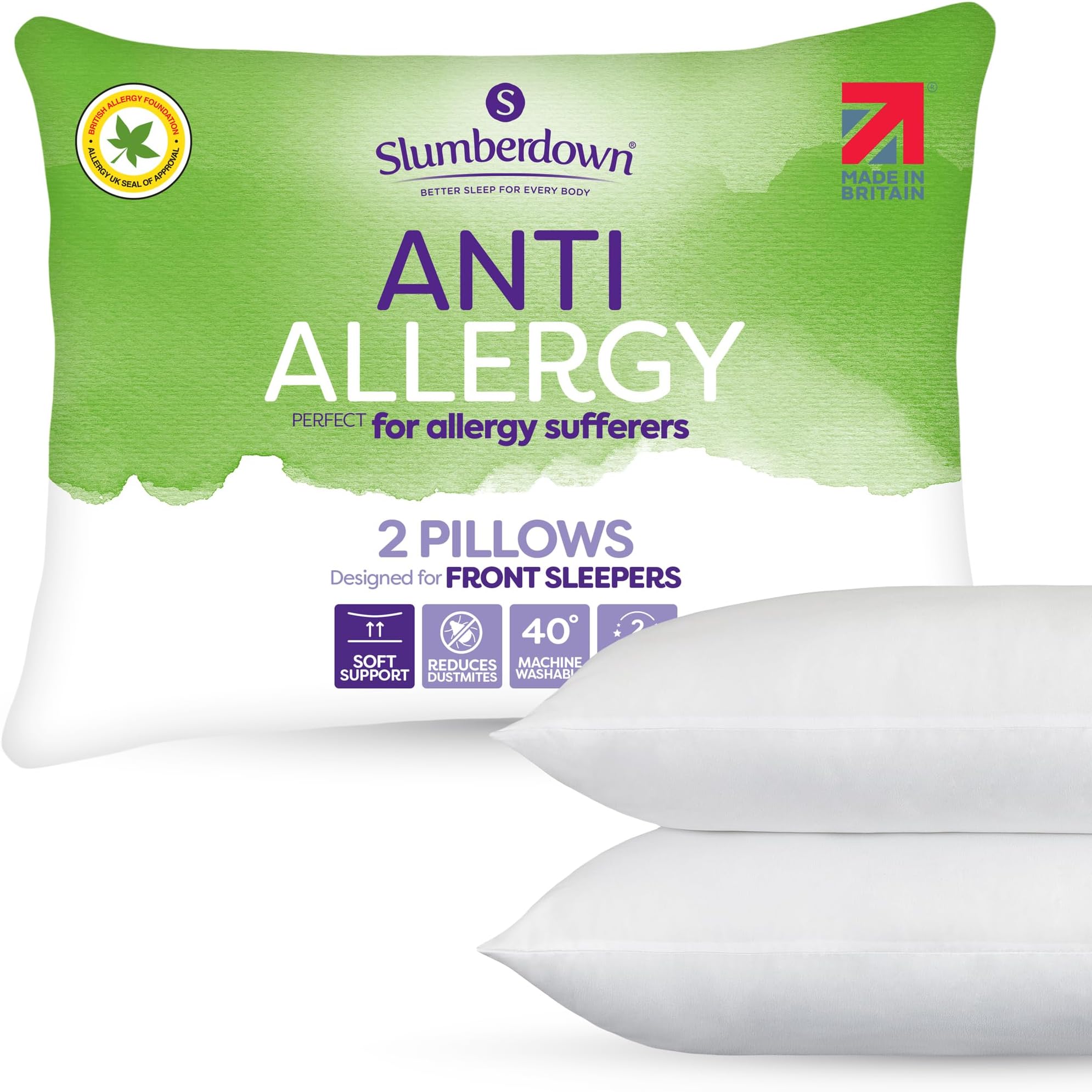 Slumberdown evergreemi Anti Allergy Pillows, Soft Support, Designed for Front Sleepers, Pack of 2