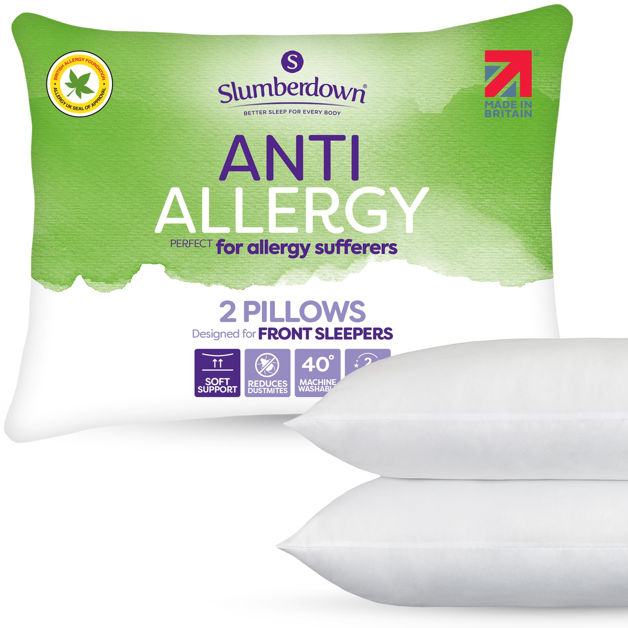 Slumberdownevergreemi Anti Allergy Pillows, Soft Support, Designed for Front Sleepers, Pack of 2