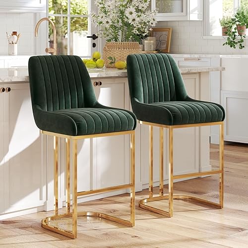 Juego de 2 taburetes de bar de terciopelo verde moderno con patas doradas de 26 pulgadas de altura de mostrador, sillas tapizadas de isla de cocina