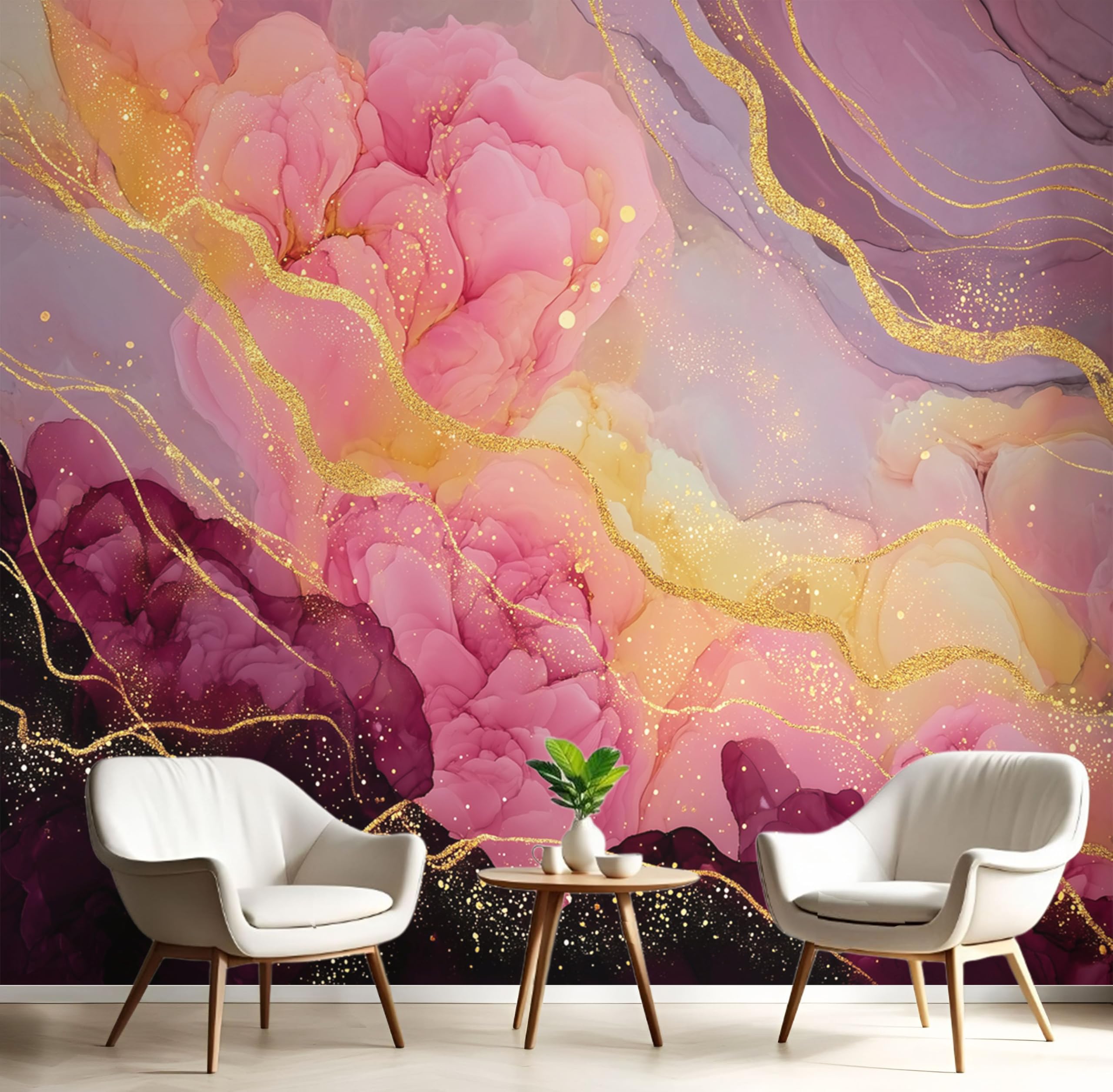 Tapisserie panoramique salon au motif marbre rose et feuille d'or