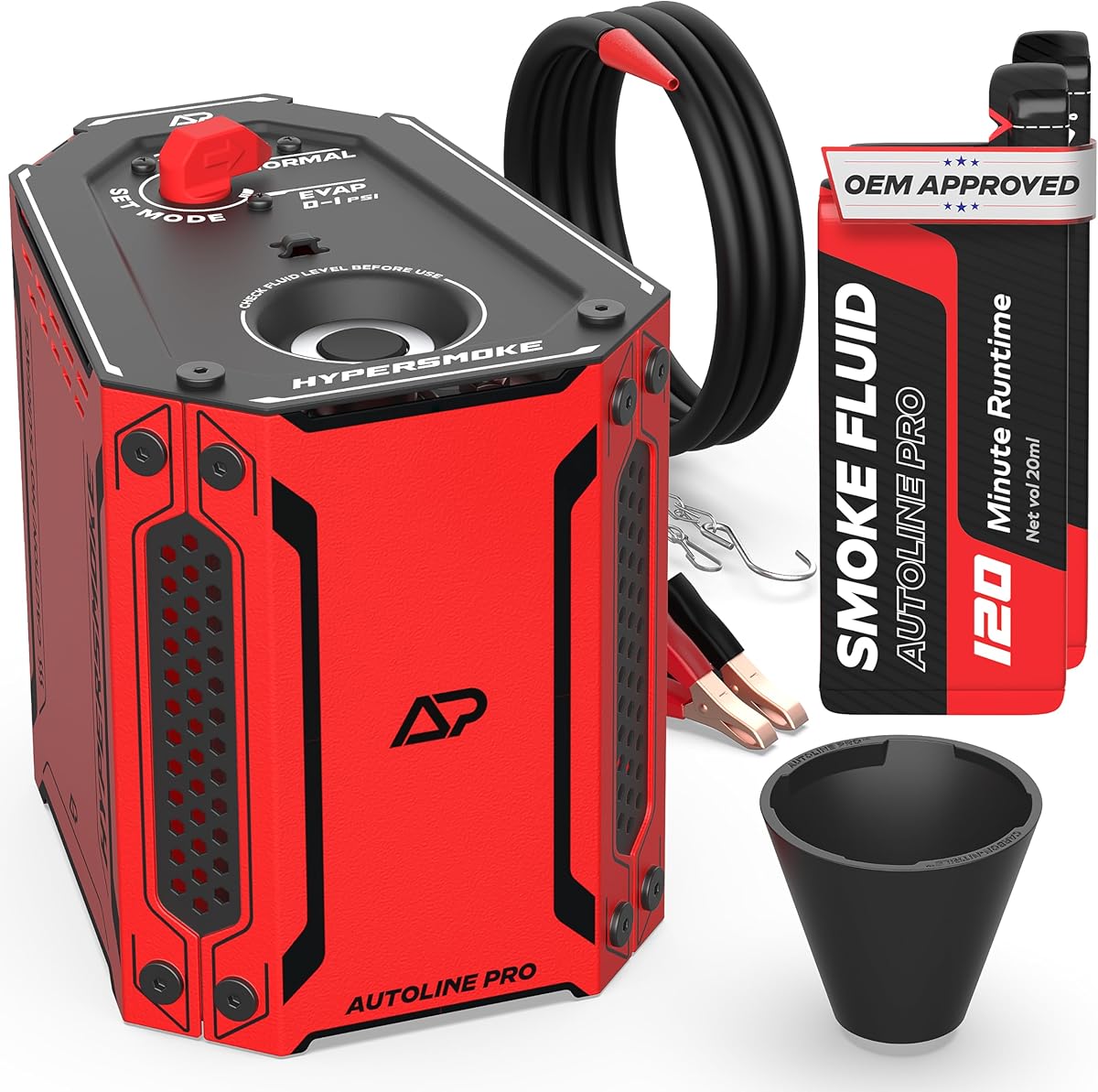 AutoLine Pro HyperSmoke™ Automotive Smoke Machine EVAP Vacuum Leak Tester – Adjustable Pressure – OEM Approved Smoke Fluid – Built-in Air Compressor Motor – Includes Cone for Vacuum and Exhaust Leaks.