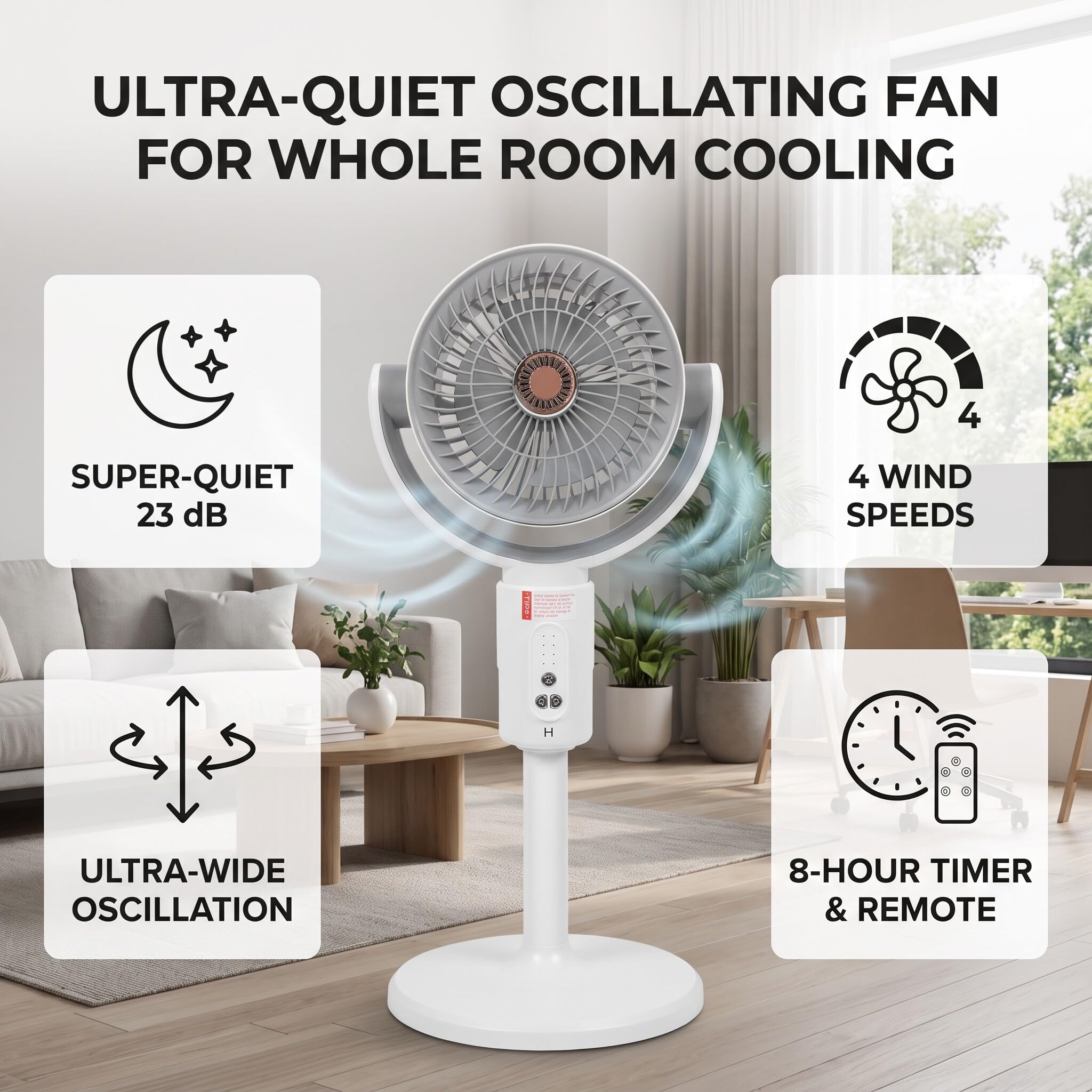 Standventilator, leise, oszillierend, 20 dB, Gleichstrommotor | 9 Windstufen, 8h Timer, 120° Schwenk, höhenverstellbar 37-42 cm, für Schlafzimmer Büro
