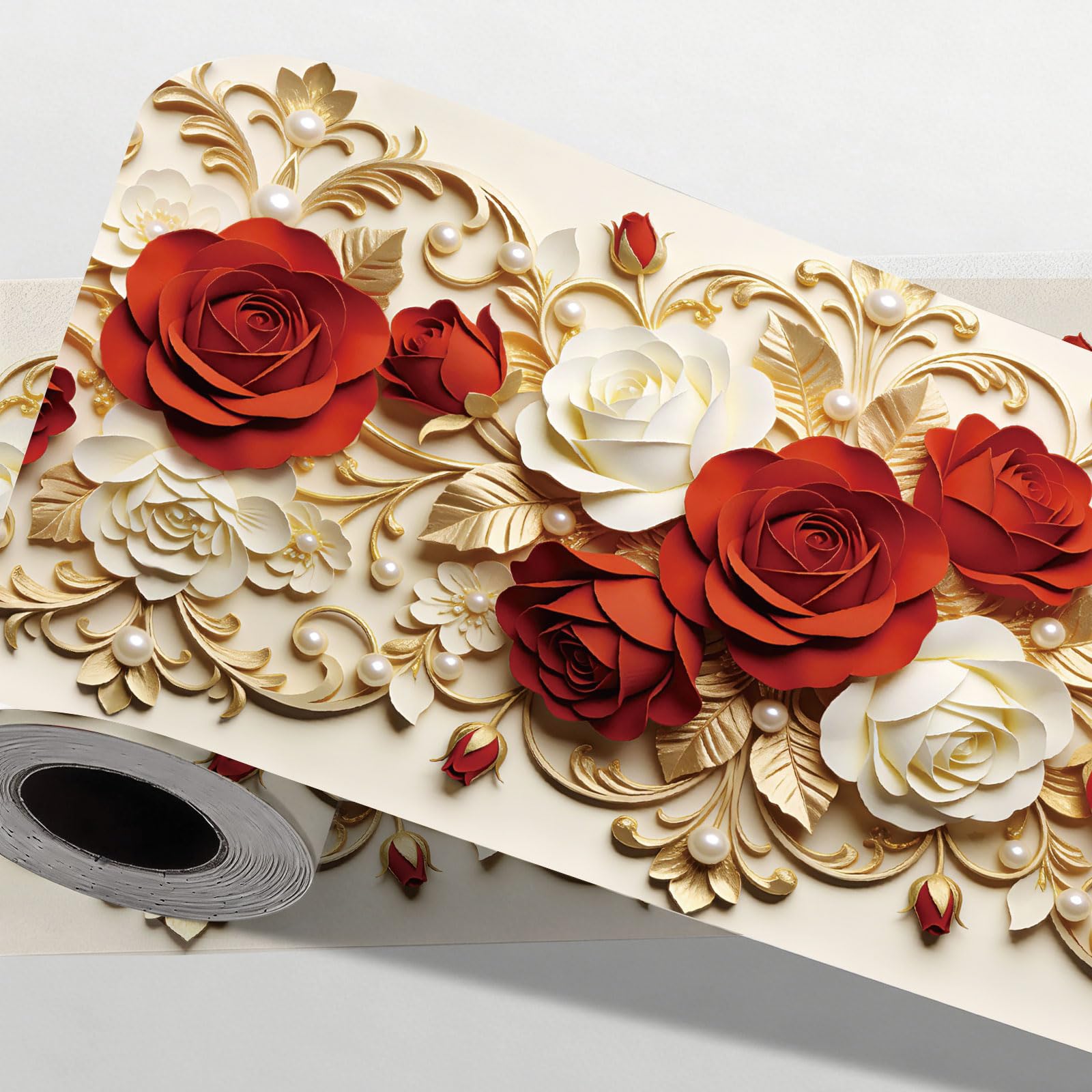 CONCHLERY 3D Floral Roses Pattern Self Adhesive Peel and Stick Wallpaper Border Removable Wall Decal, for Living Room Bedroom Kitchen Bathroom TV Background Office Restaurant Decor 197 Inch Length