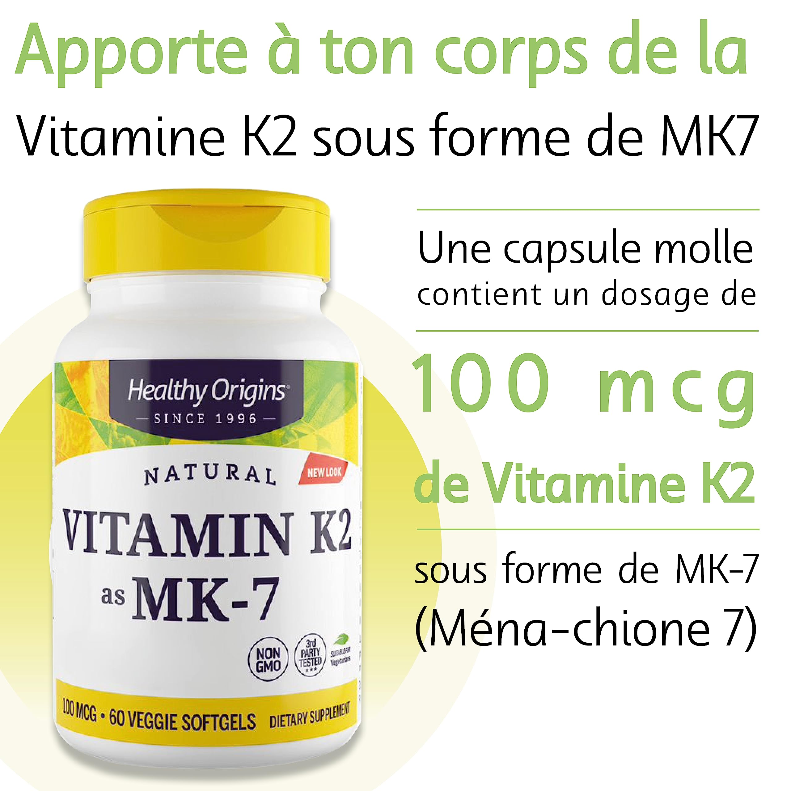 Healthy Origins, Vitamine K2 MK-7, 100mcg, à Base de Natto, 60 Capsules, Sans Gluten, Sans Soja, Sans OGM