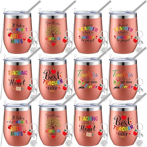Nuanchu Juego de 12 vasos de vino de acero inoxidable con tapas y pajitas para profesores, regalos de Navidad para jubilación, 12 onzas (oro rosa)