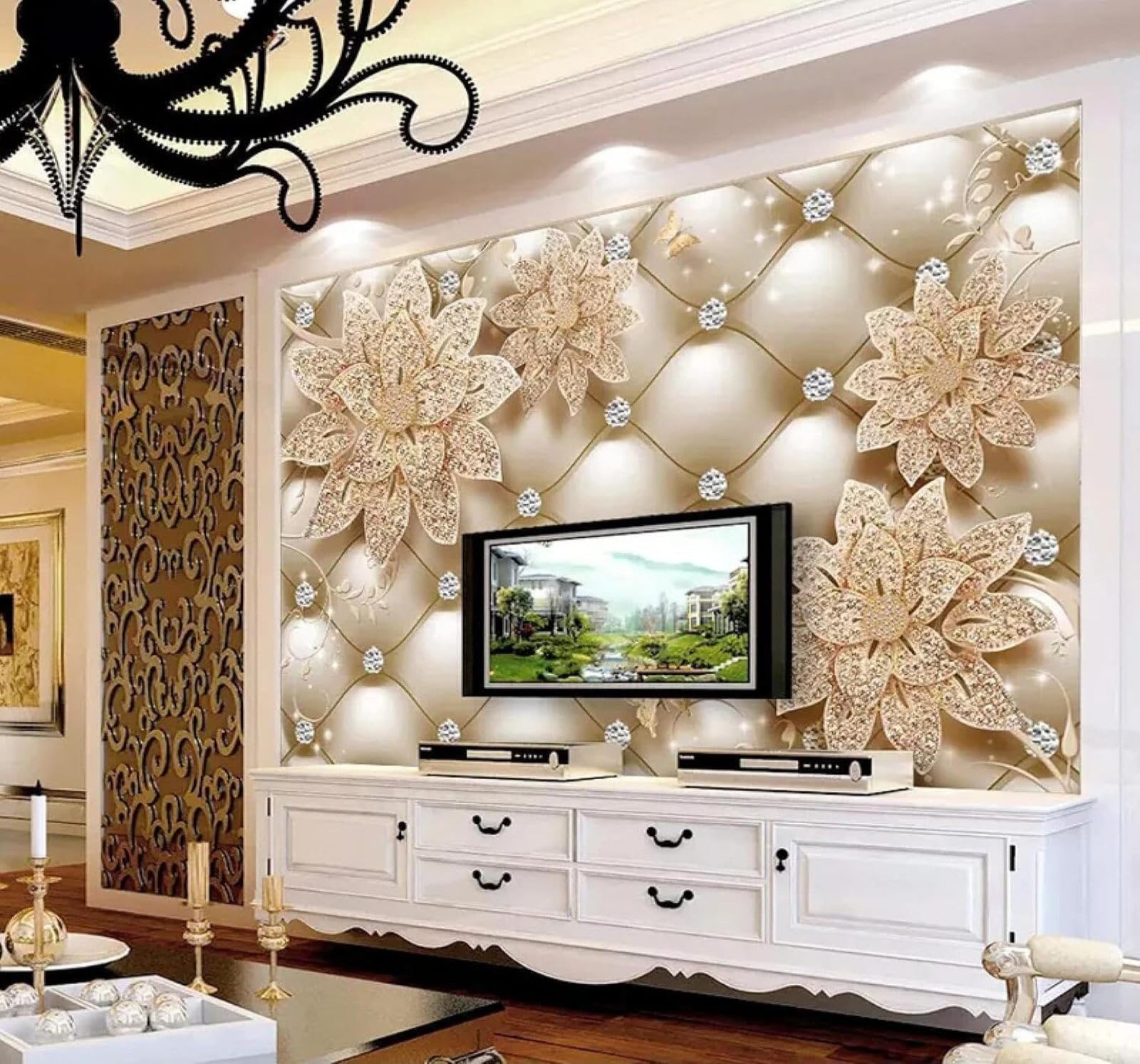 XLMING Three Dimensional Luxury Diamonds Floral Upholstered 3D Wallpaper Luxury Home Dining Decor Paste Sofa Living Room The Wall for Bedroom Mural-350cm×256cm