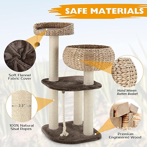 Vista 15 de Tangkula Árbol moderno para gatos, torre pequeña para gatos con poste rascador de sisal natural, condominio para gatos hecho a mano y percha Café