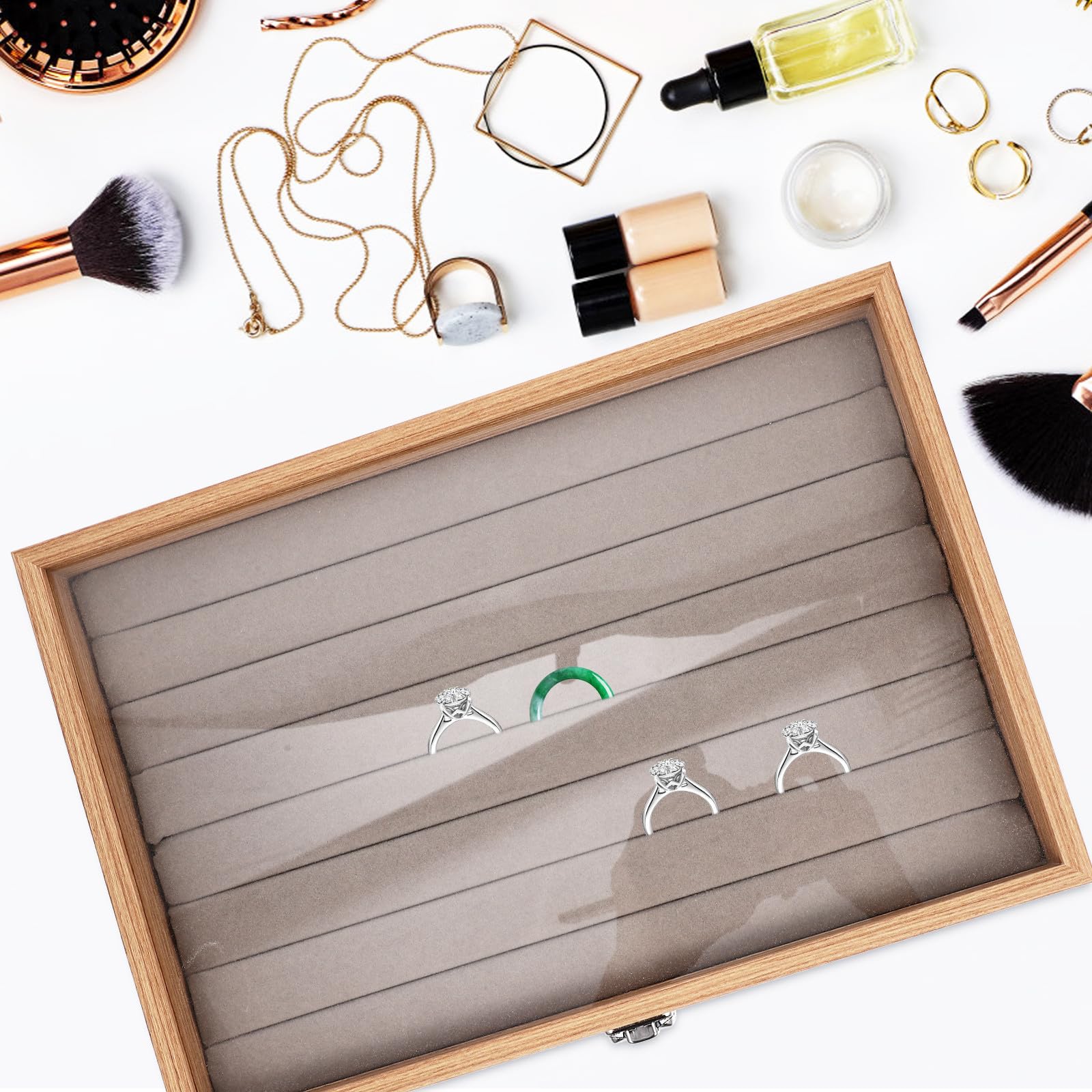 Happyyami Ring Organizer Box, Scatola per Gioielli in Vetro e Legno con Accesso Facile, per Regalo di Matrimonio e Anniversario