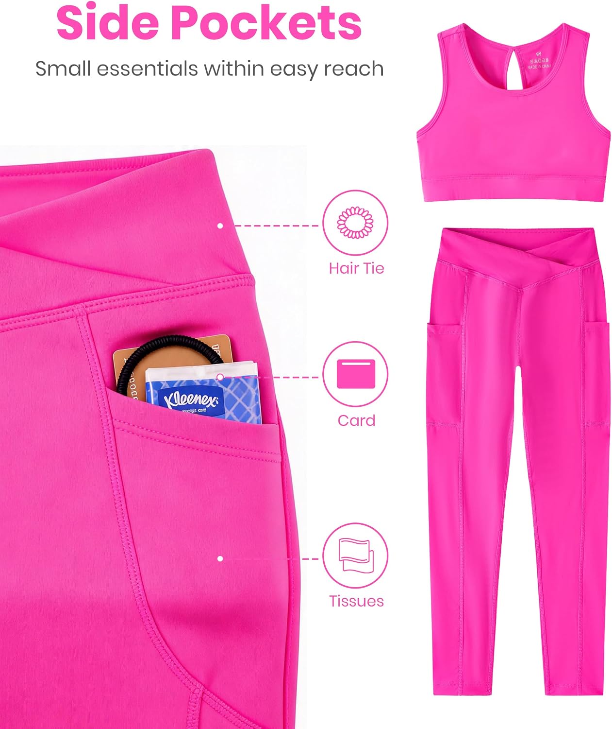 Chichoo Girls 2 Pcs Activewear Set,Sleeveless Crop Tank Top + High Waist Pocket Leggings,Dance Gymnastics Yoga Outfit