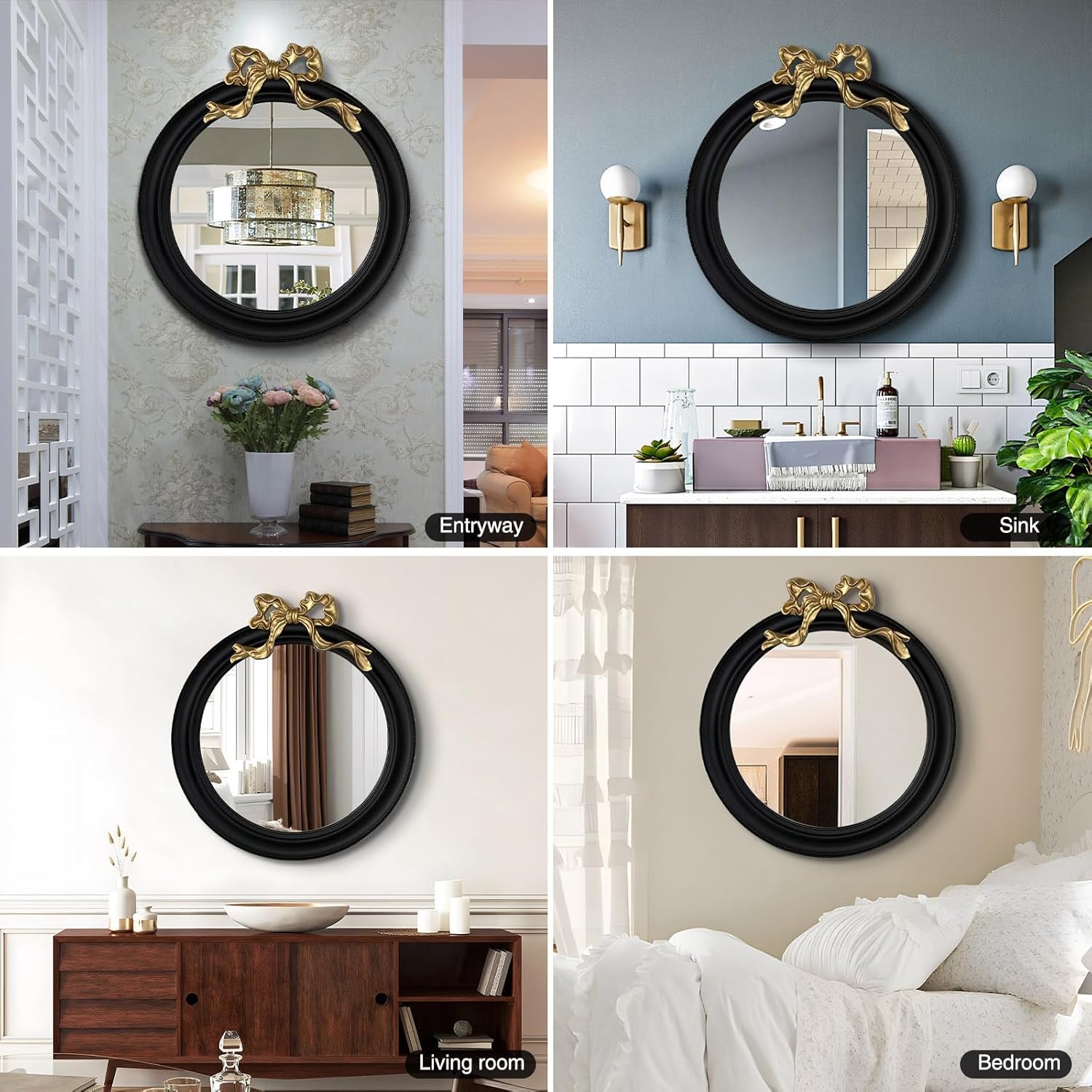 24x24 Inch Antique Round Wall Mirror, Gold and Black Bow Frame Circle Mirror for Wall Decor, Decorative Hanging Vanity Mirror for Bathroom, Living Room, Bedroom & Entryway