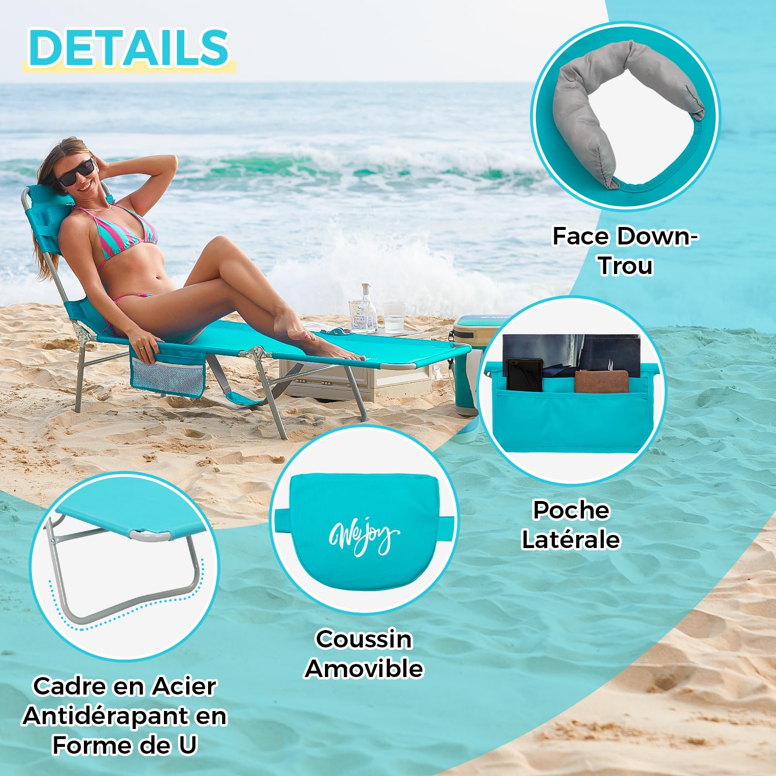 #WEJOY Bain de Soleil Pliable avec Trou de Visage pour Lecture, Chaise Longue Pliante avec Dossier Réglable à 5 Positions, Transat Inclinable Légère avec Appui-Tête pour Plage Jardin Terrasse Piscine