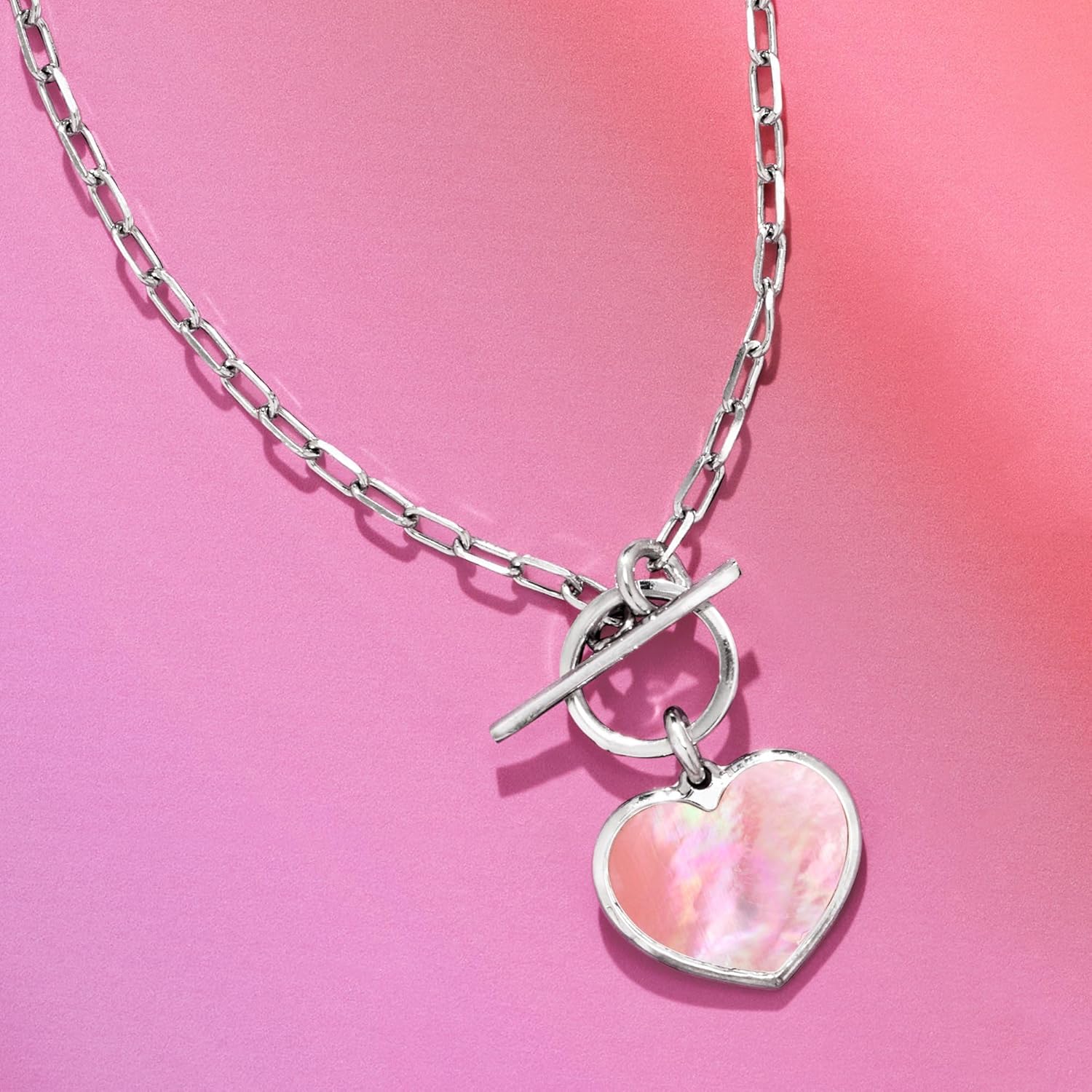Ross-Simons Italian Pink Mother-Of-Pearl Heart Toggle Necklace in Sterling Silver