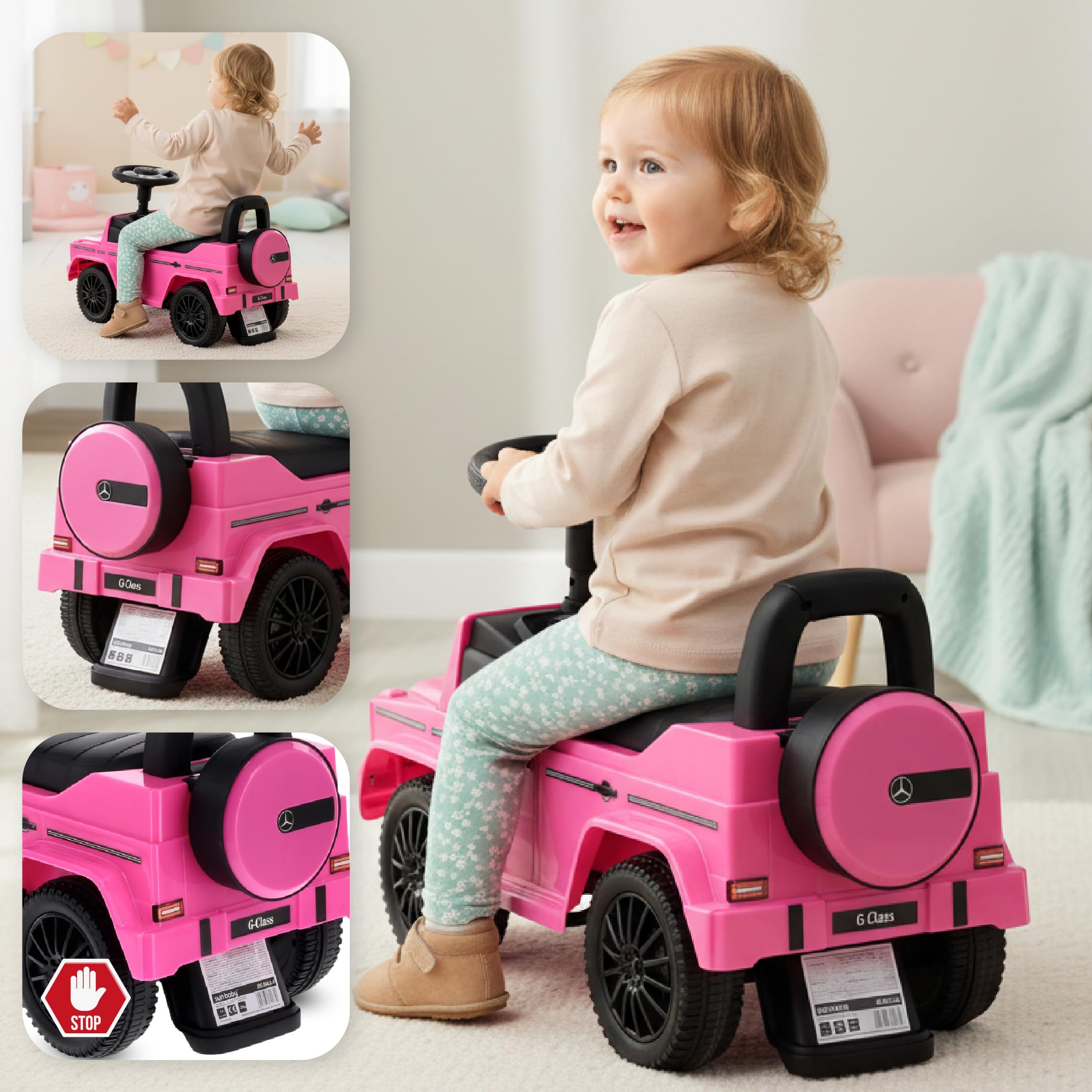 sun baby Coche de Empuje Mercedes Benz G, Coche para Niños a Partir de 1 año, Volante con Sonido, guantera, Rueda de Repuesto Falsa (Rosa)