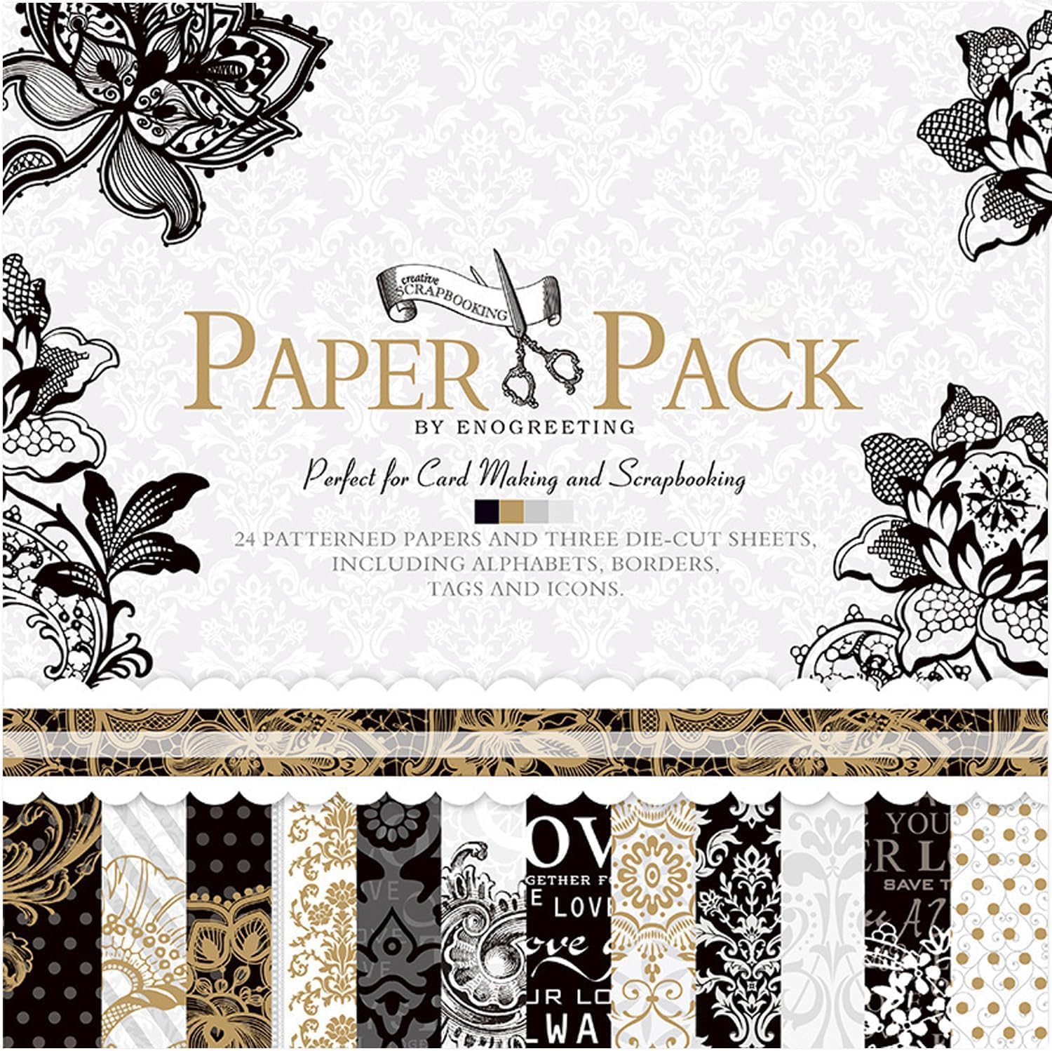 12x12 Vintage Scrapbook Paper Pad - 27 Sheets Gold Foil Black Origami Decoupage Patterned Kit Supplies for Art Journaling Wrapping Card Making Crafting Gift Photo Album