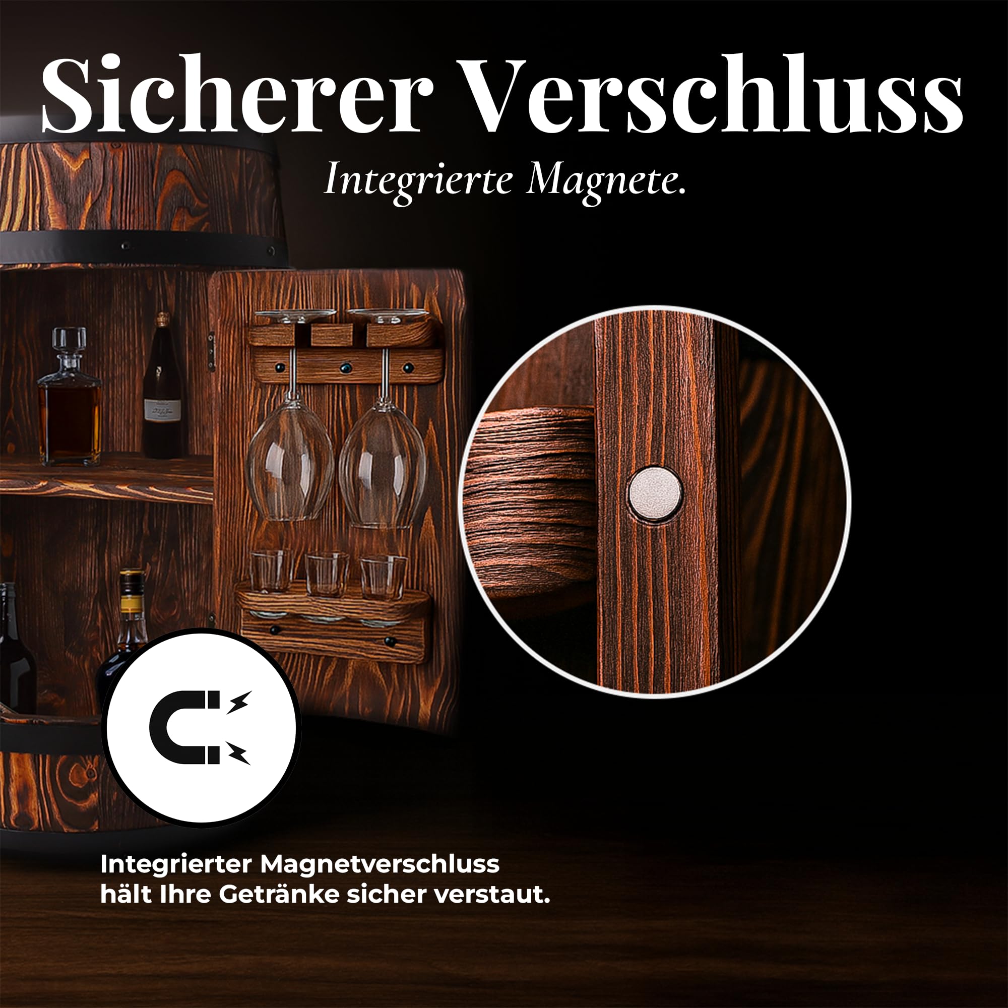 Holzbar Fass 80x55 cm | Massivholz Barschrank für Whisky, Wein und Spirituosen | Hausbar mit Glashaltern | Handgefertigt in Europa | Bar Möbel im Vintage, Loft und Landhausstil