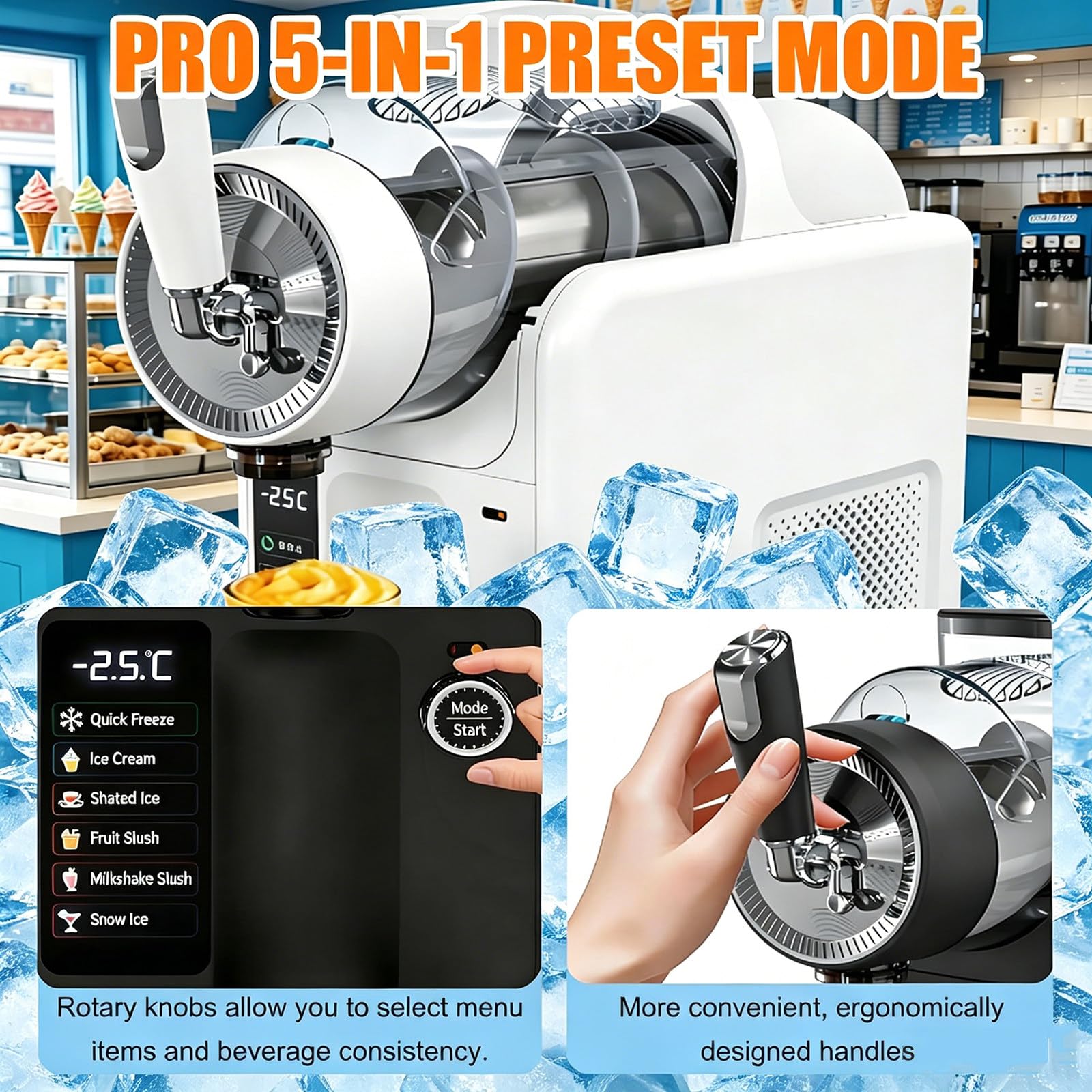 Macchina per Granite 5 in 1 per Bevande Fredde e Gelato Soft, Macchina per Granite autoraffreddante con capacità di 2 Litri, Senza Ghiaccio, 5 modalità preimpostate, autopulizia White