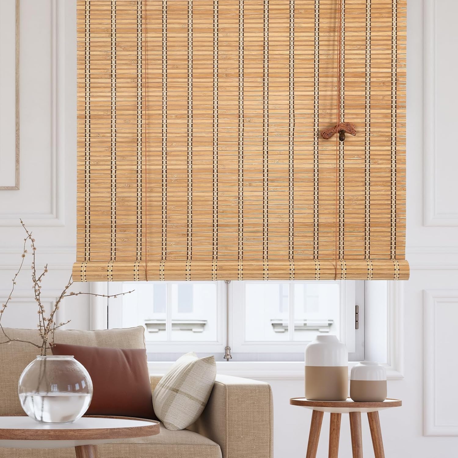 Bamboo Blinds Roman Bamboo Curtains Roller Shades for Interior Windows,Roll Up Blinds Indoor Outdoor Patio, 35" W X 64" H